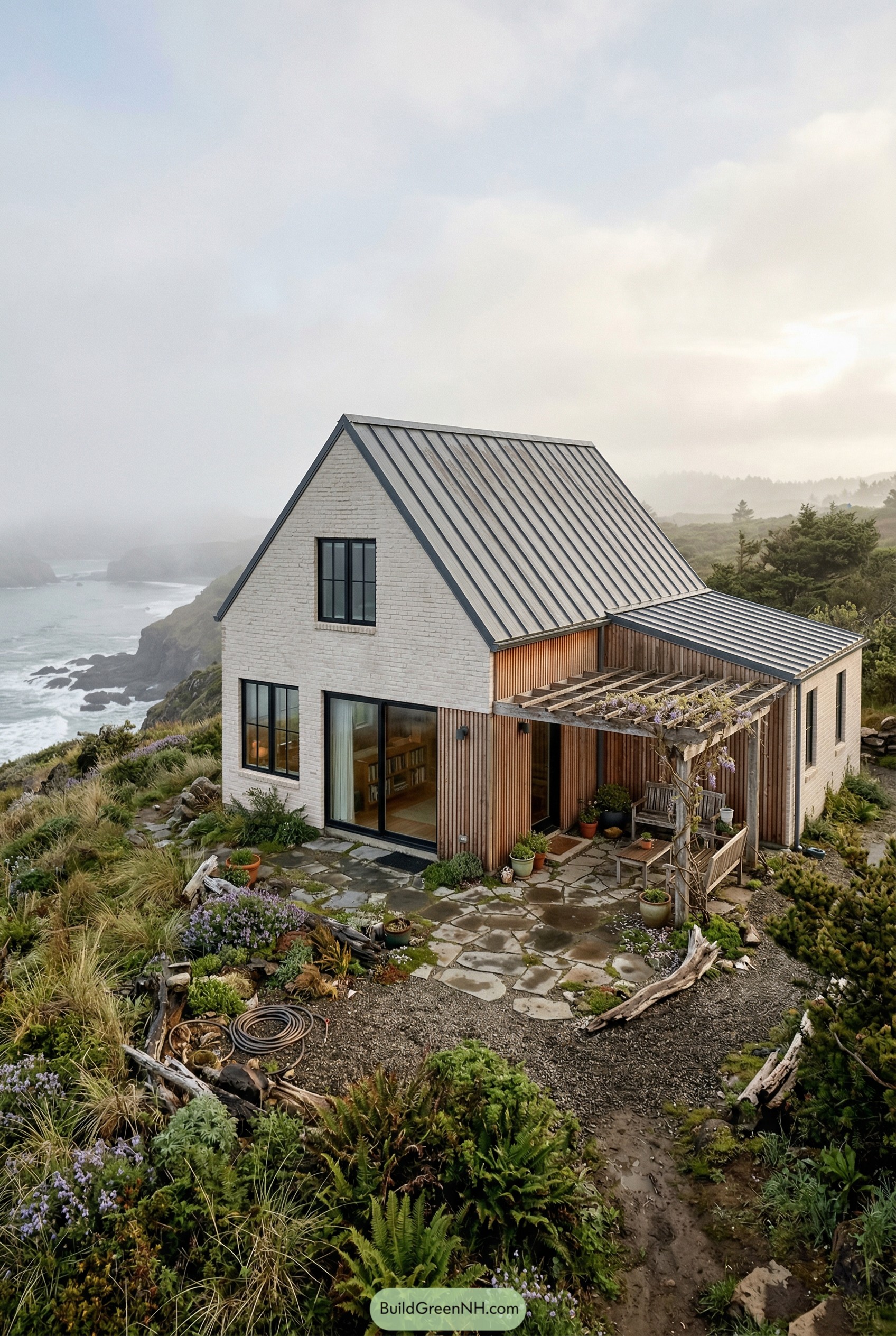Modern coastal cottage with pergola garden