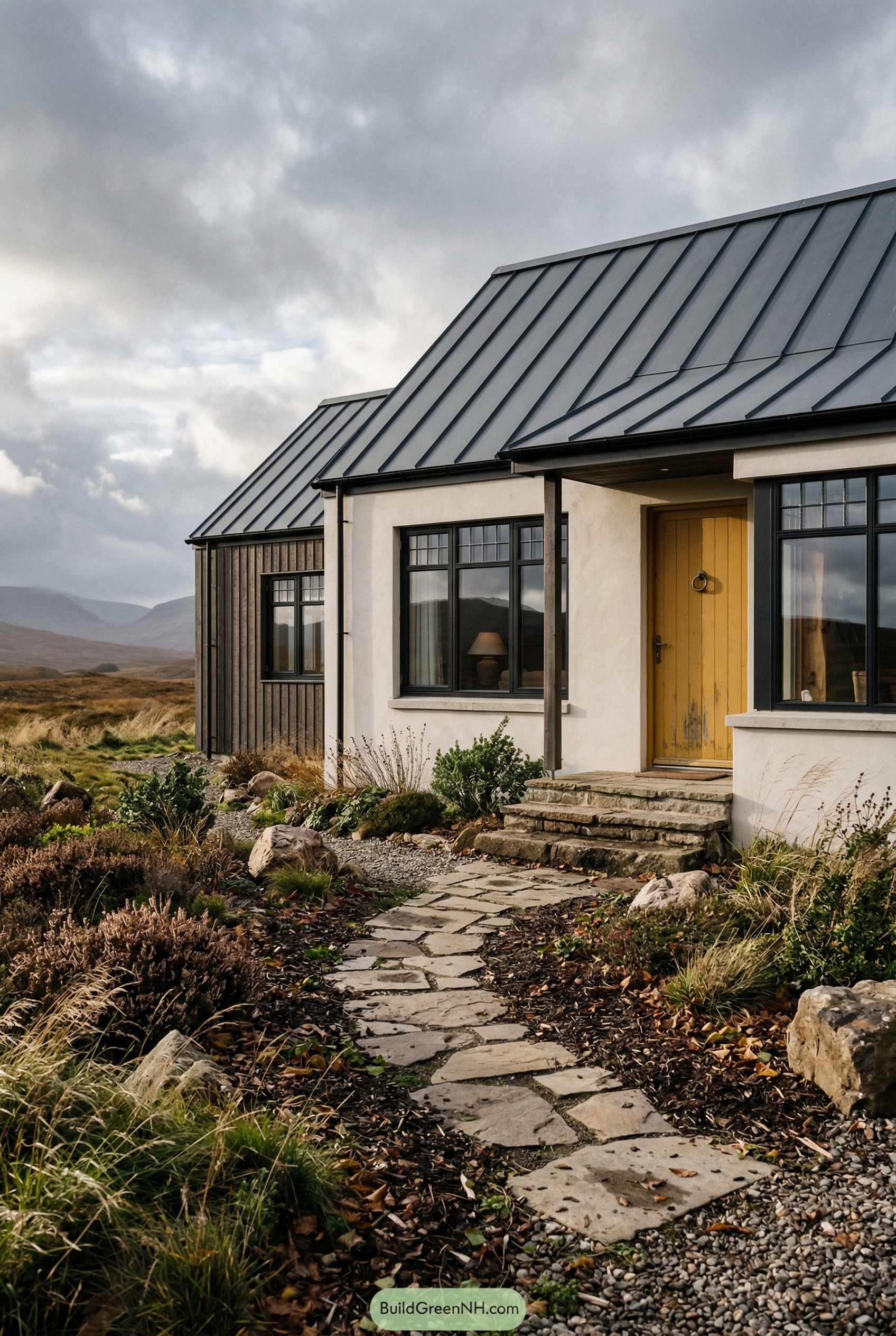 Modern moorland cottage with yellow door