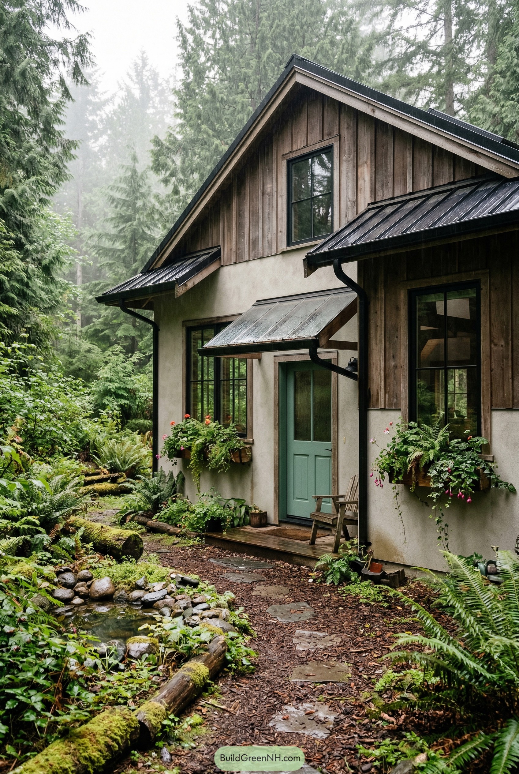 Modern woodland cottage with mint door and fern garden
