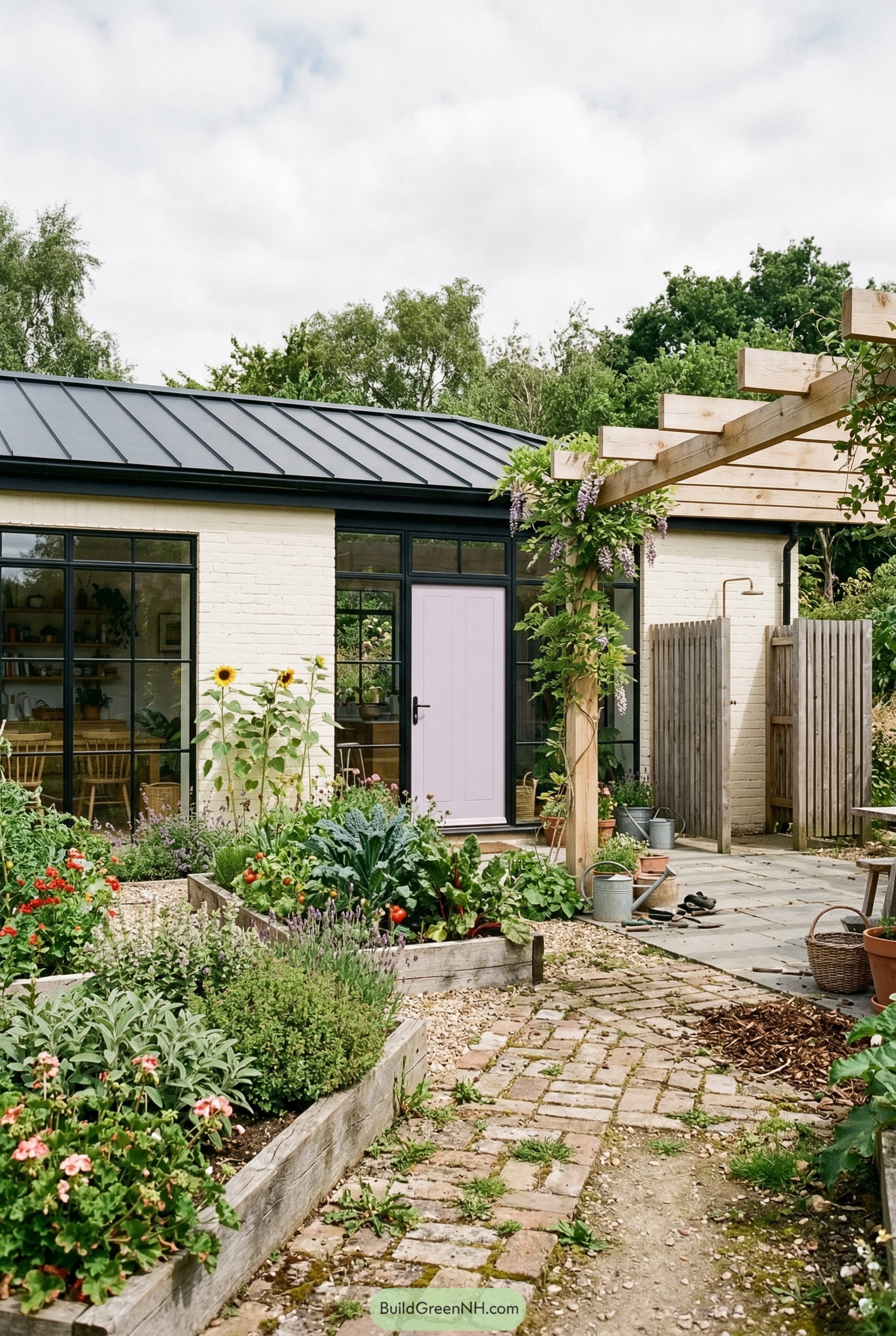 Cream brick bungalow with lilac door and wisteria pergola