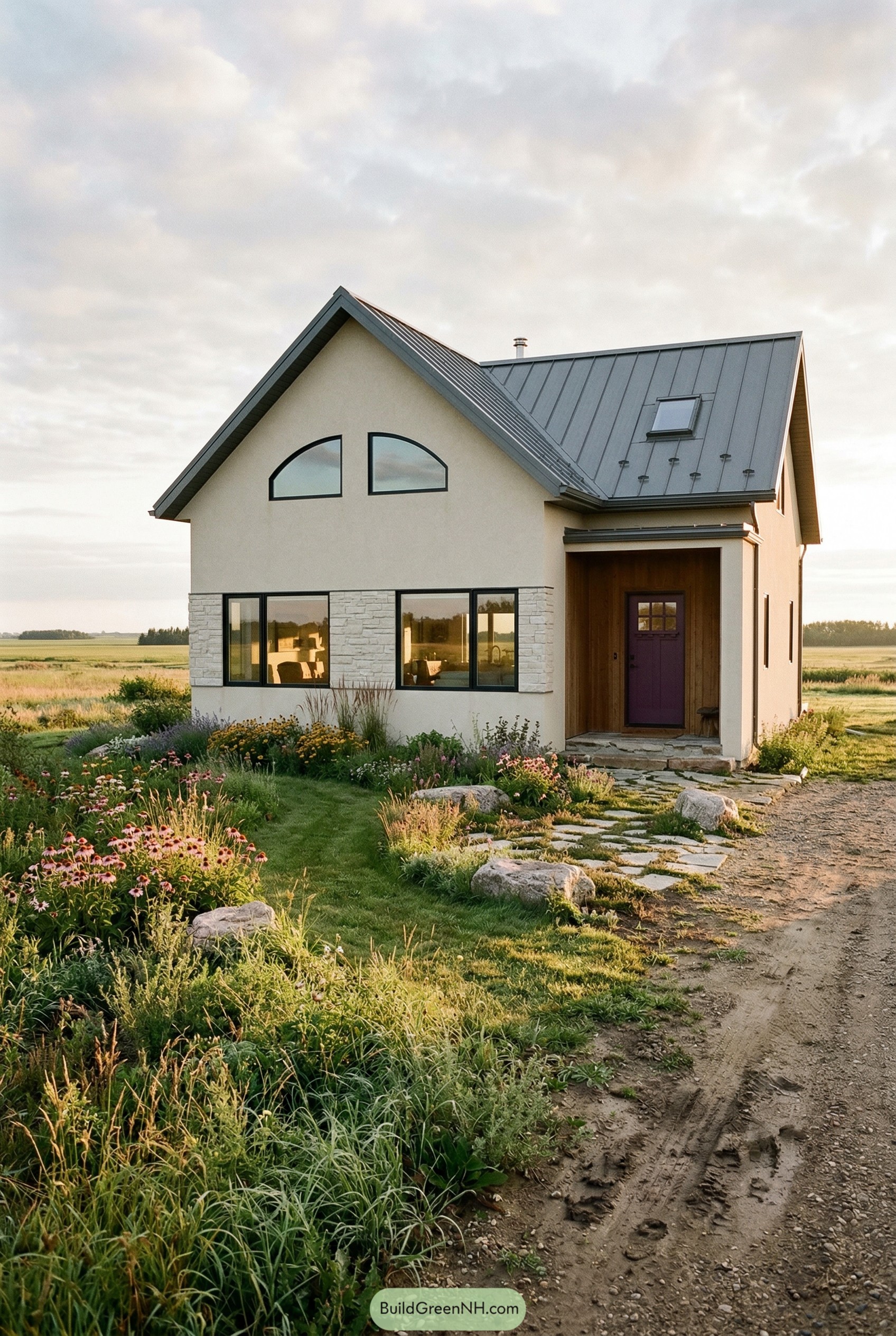 Modern cream cottage with dark metal roof and plum front door in a wildflower garden