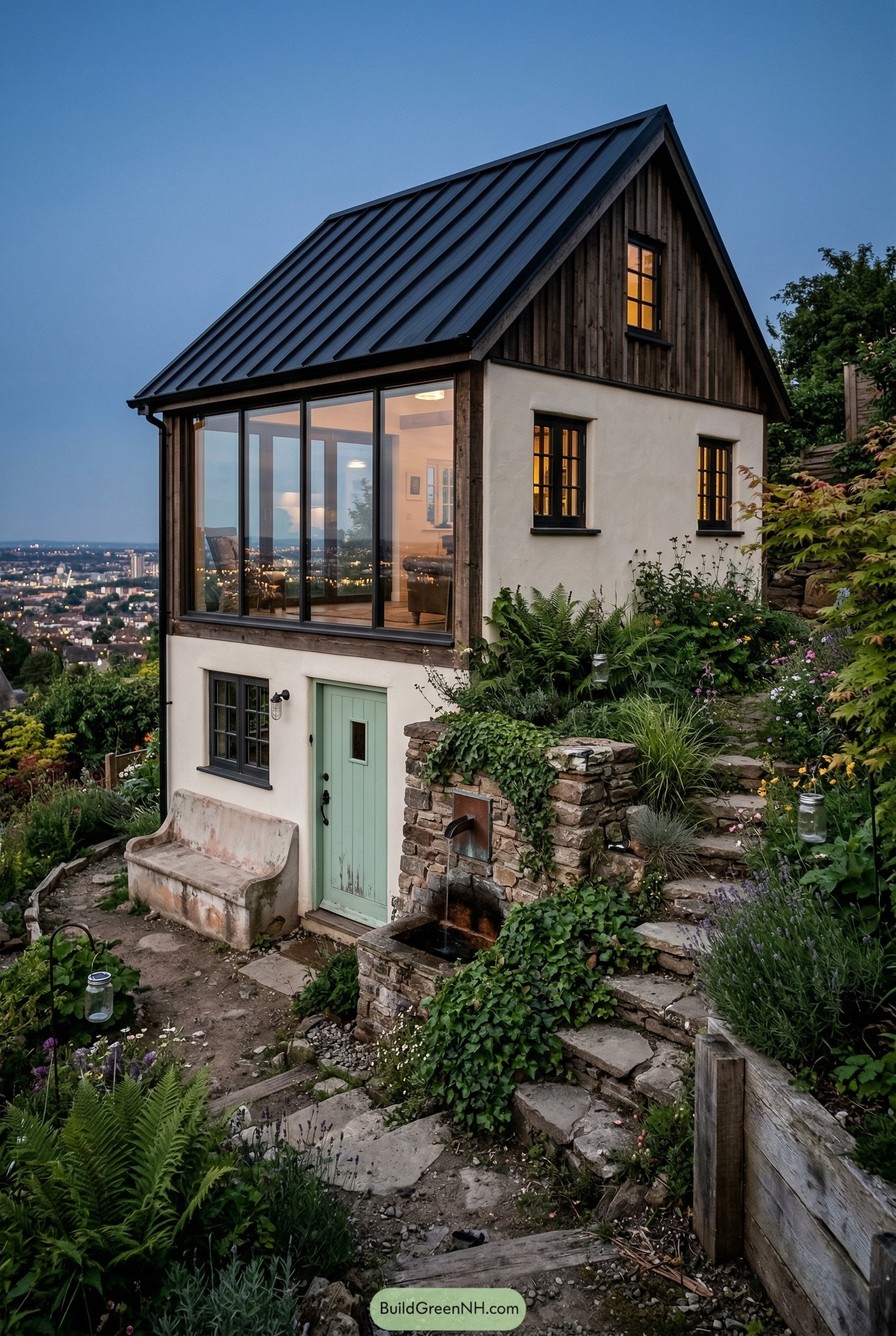 Hillside cottage with mint door stone steps and glass sunroom