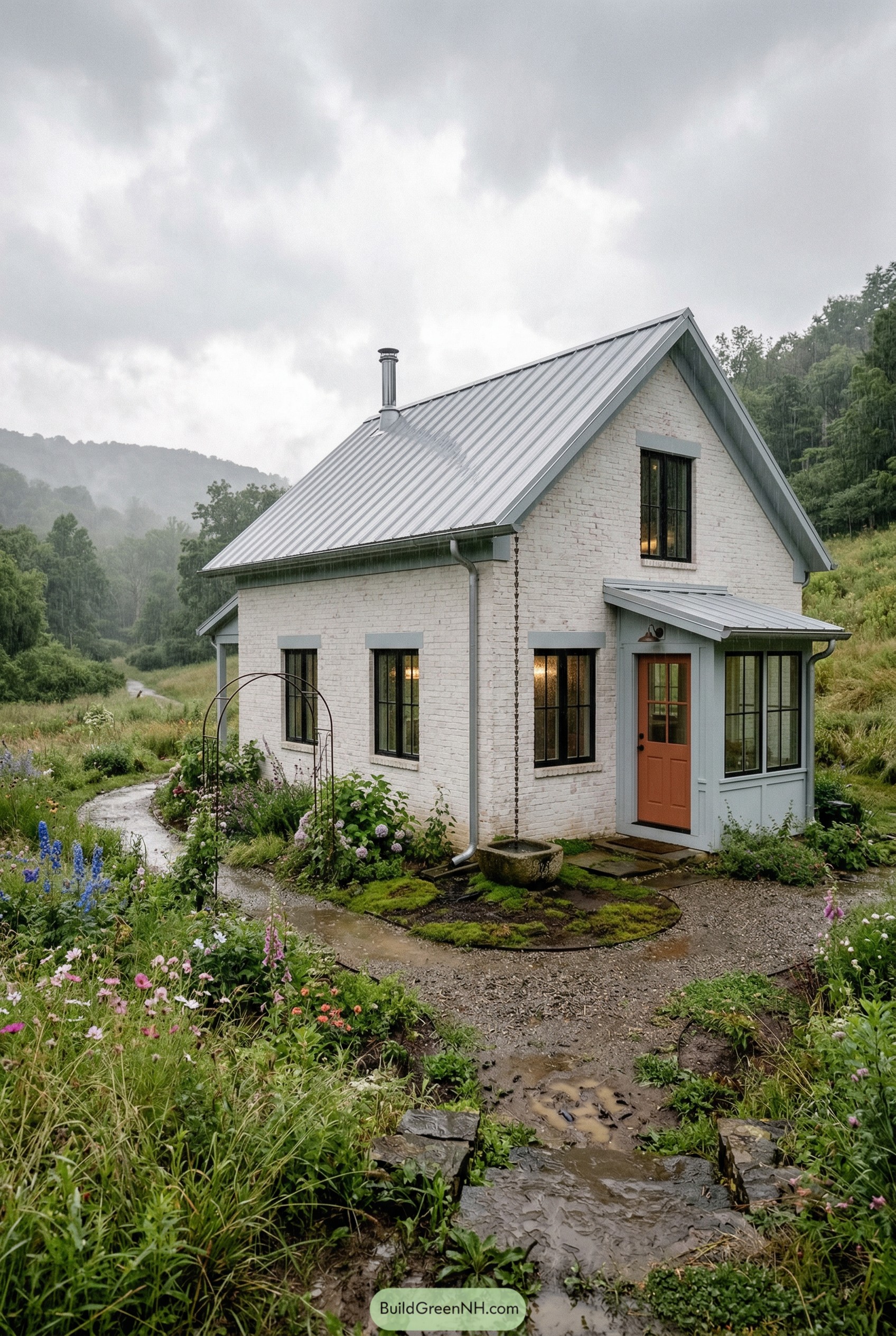 White brick cottage with gray metal roof in a rainy flower garden