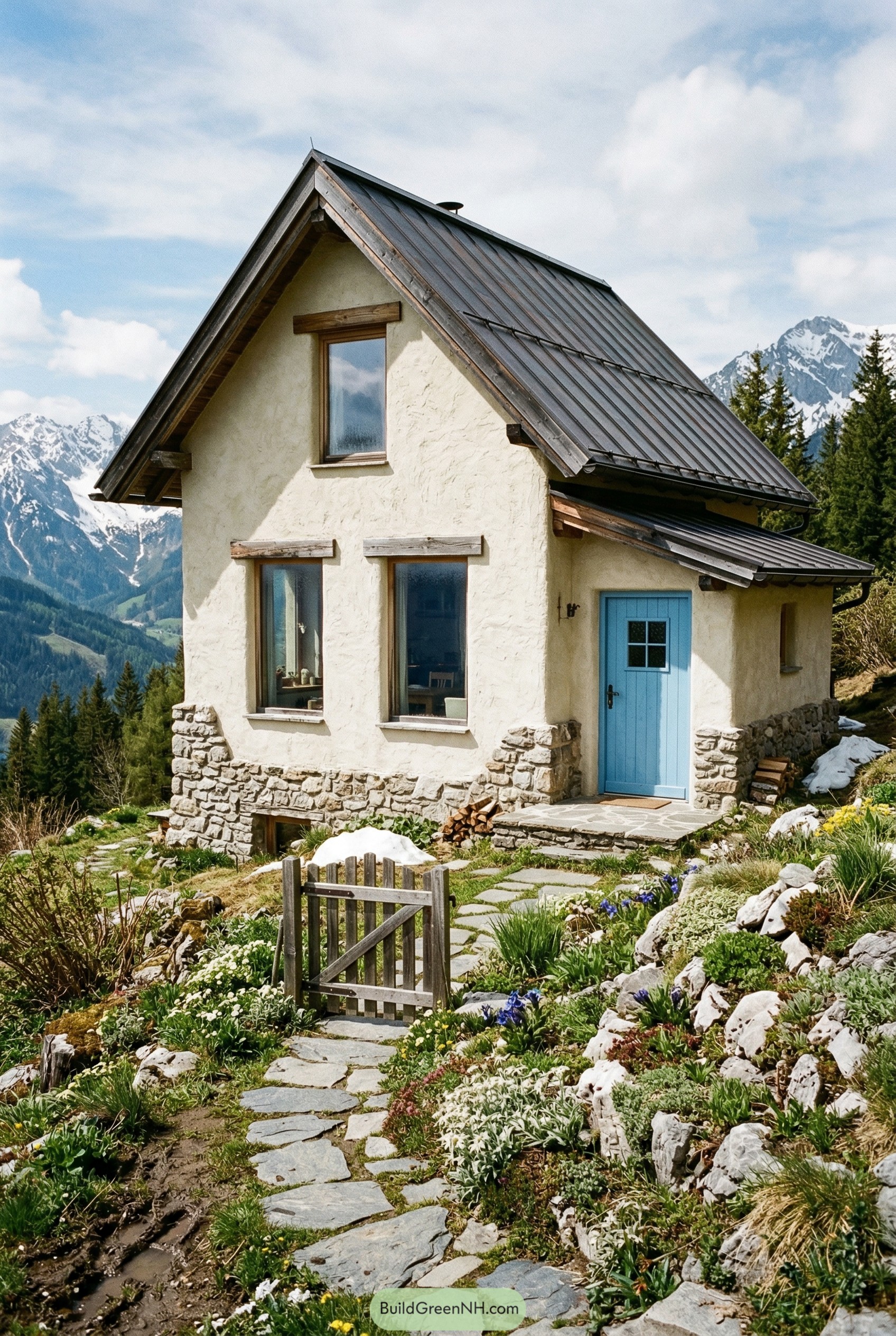 Cream stucco alpine chalet with blue door and stone garden path