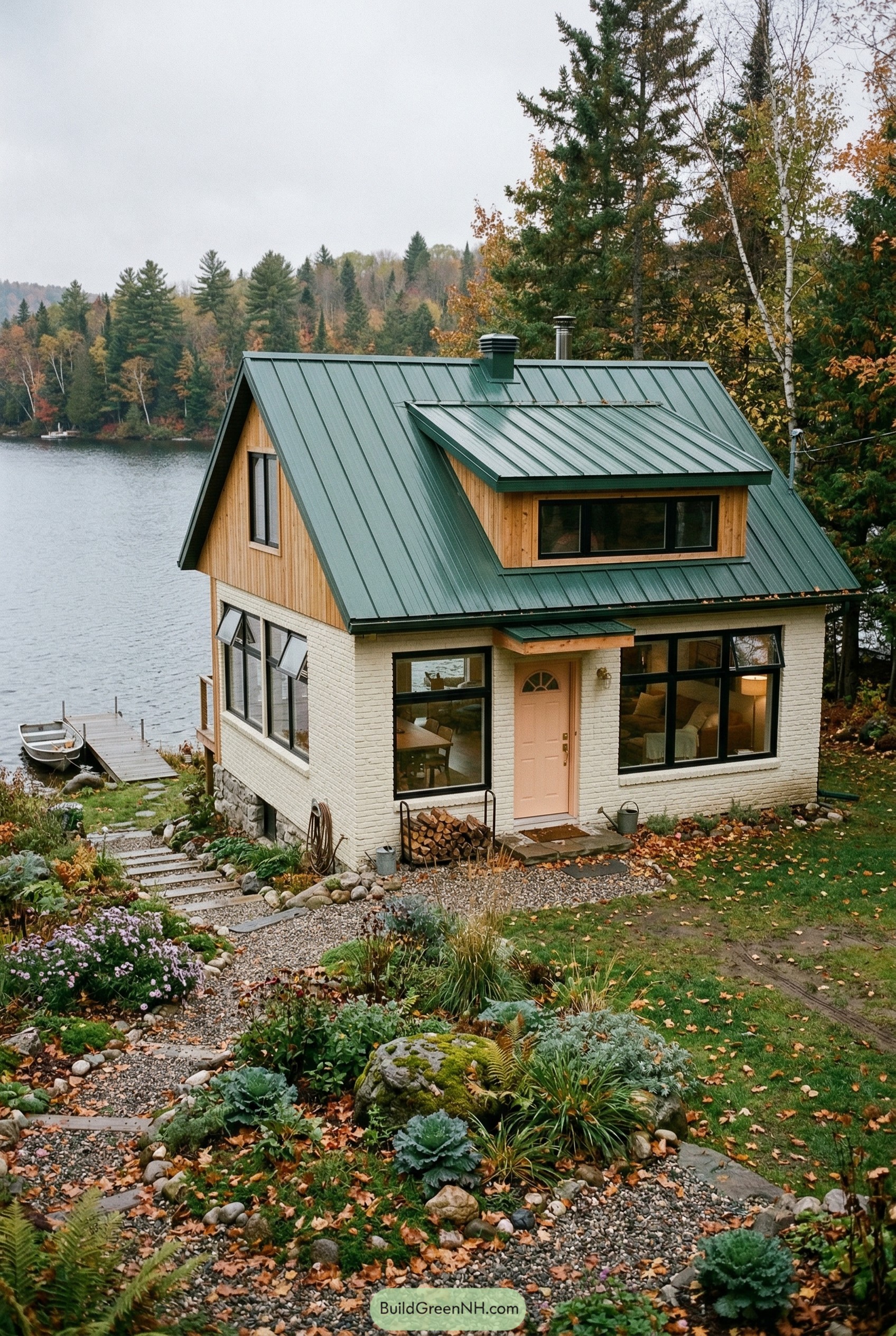 Modern lakeside cottage with green metal roof and cottage garden
