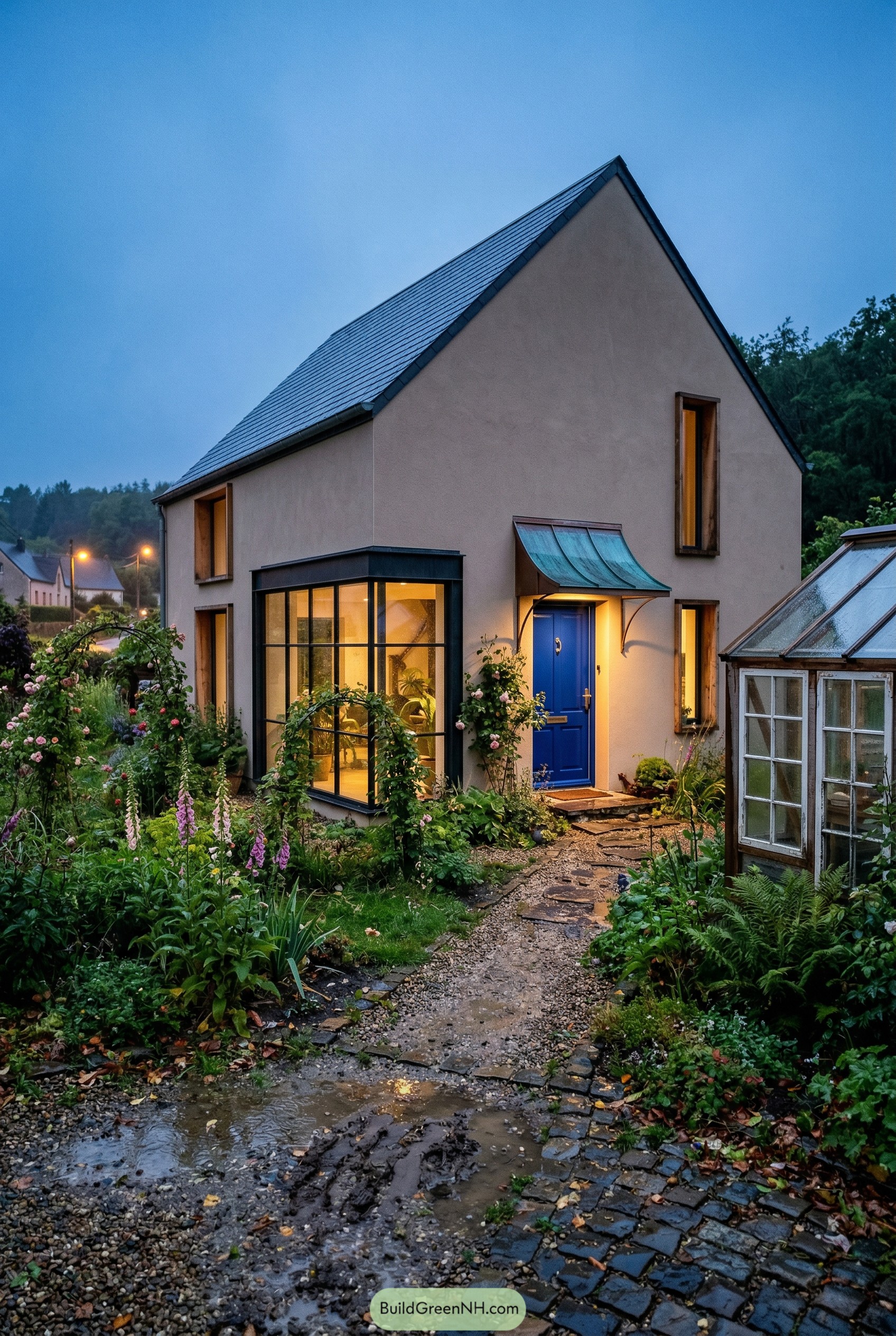 Modern gabled cottage with blue door and lush rainy garden