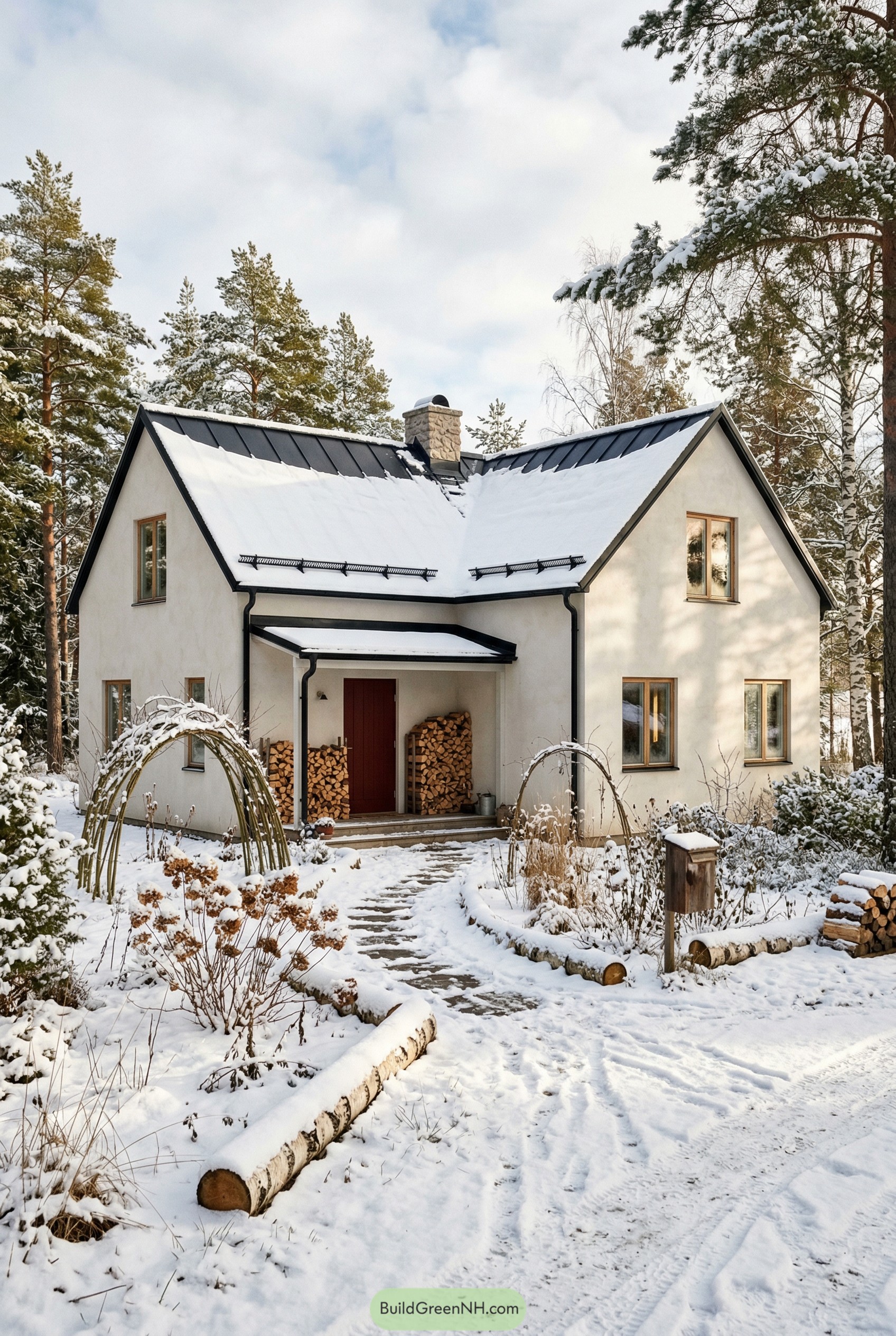 White modern cottage with red door and snowy garden