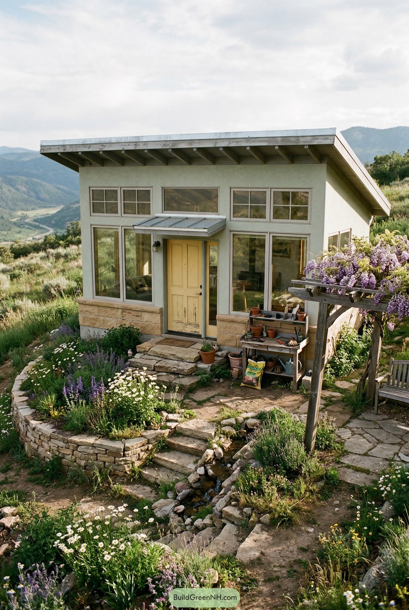 Modern hillside cottage with terraced flower garden