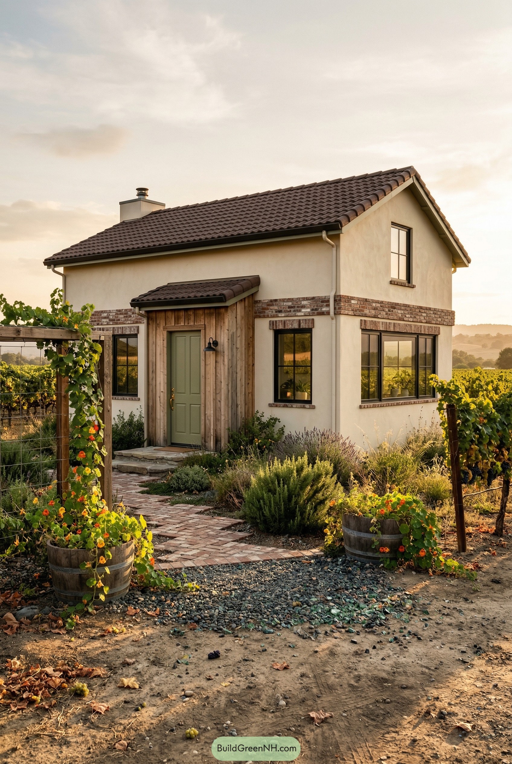 Cream stucco house with sage door and vineyard trellis