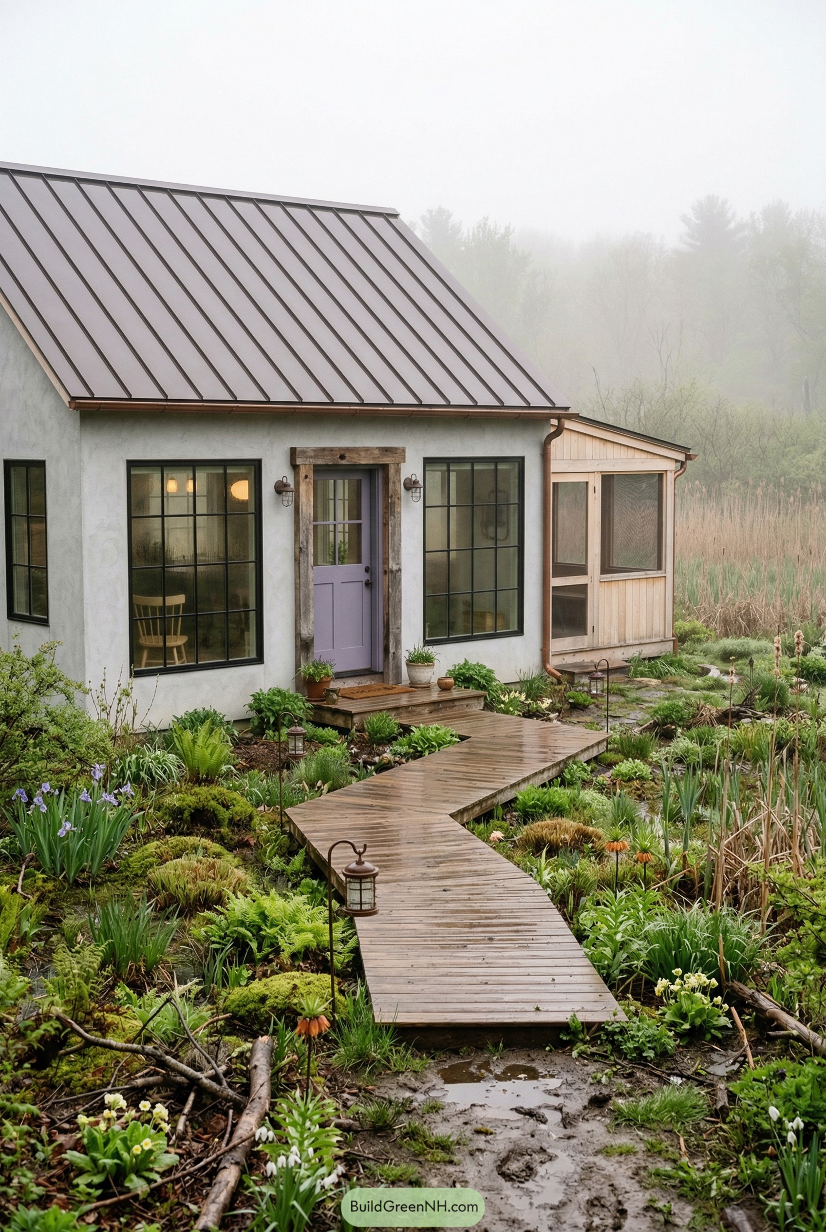 Modern white cottage with lilac door and garden boardwalk