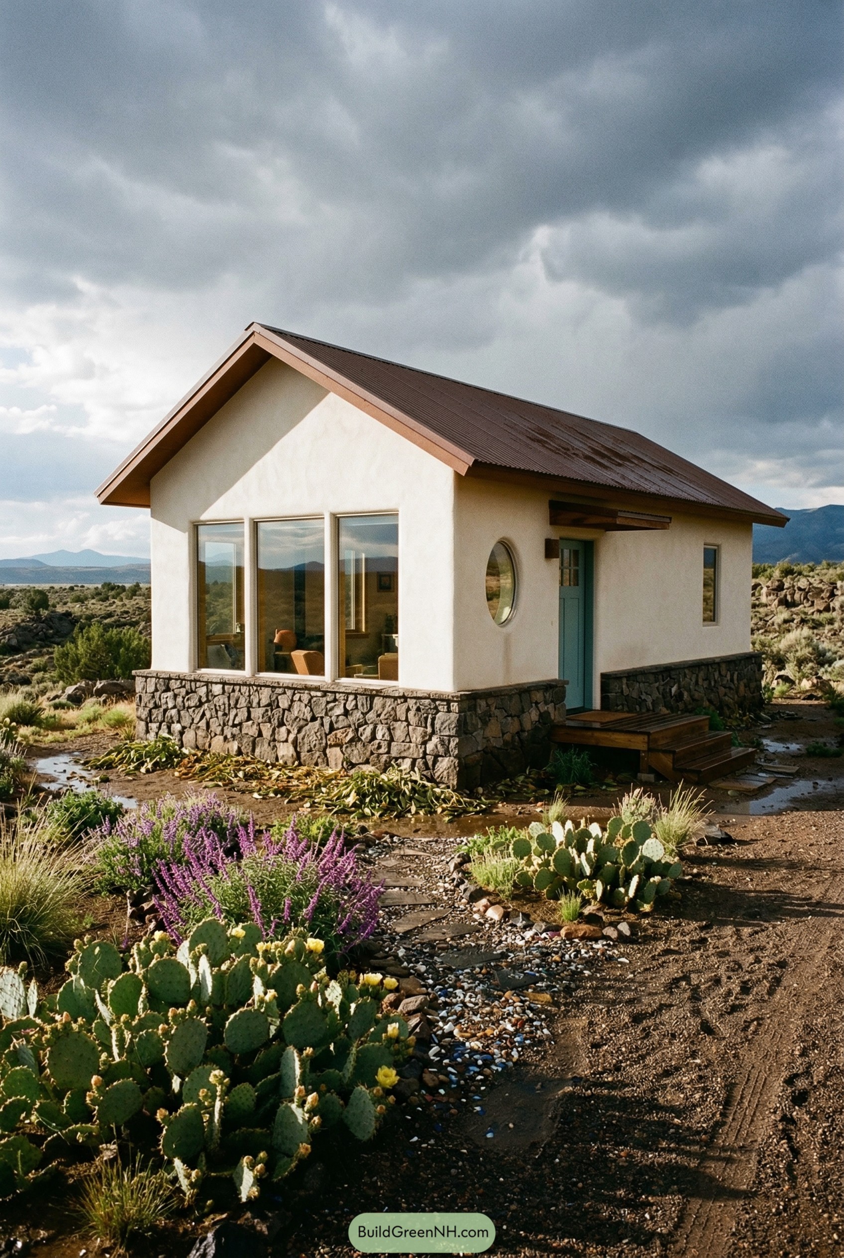Small stucco casita with cactus garden