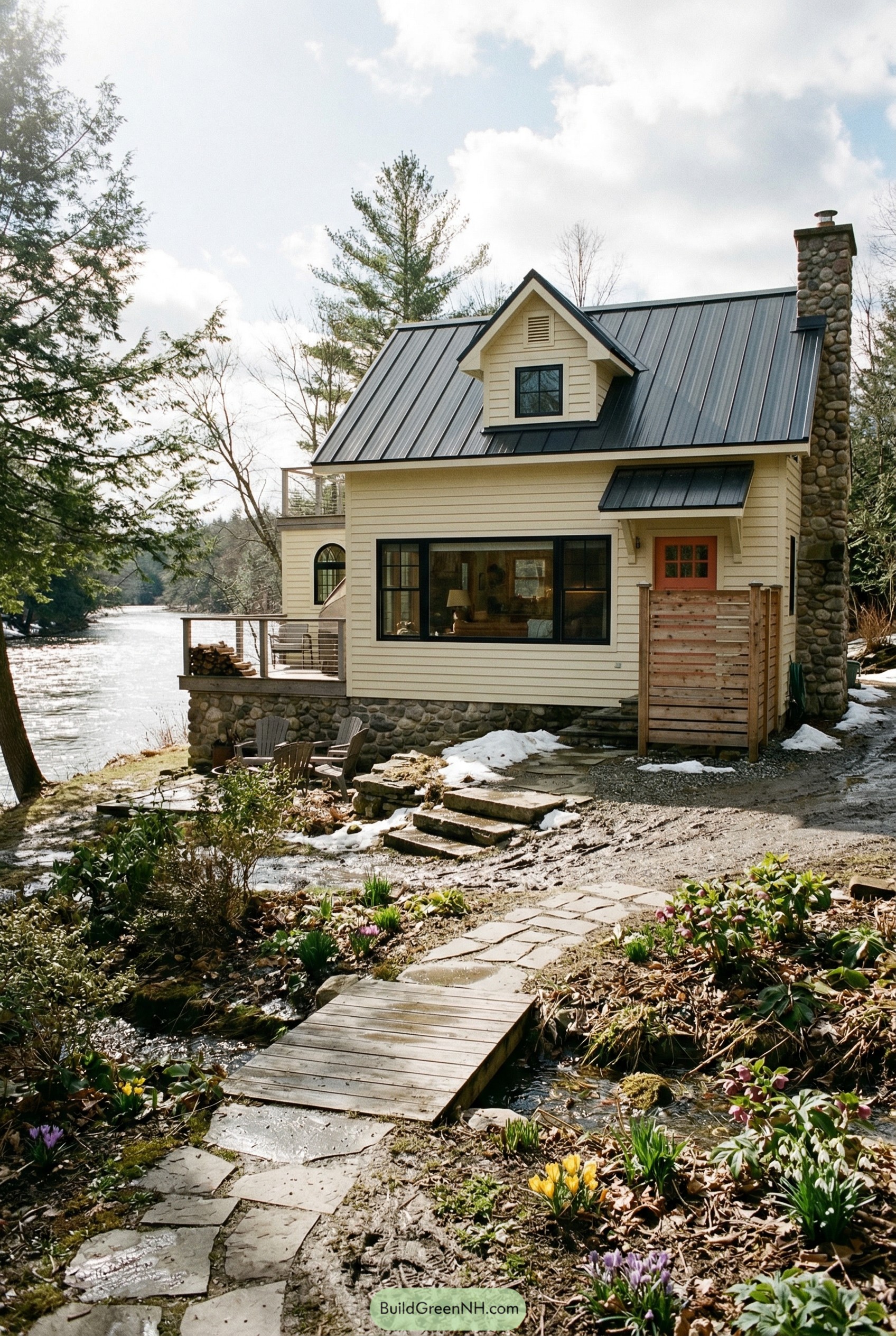 Cream riverside cottage with black metal roof and stone chimney