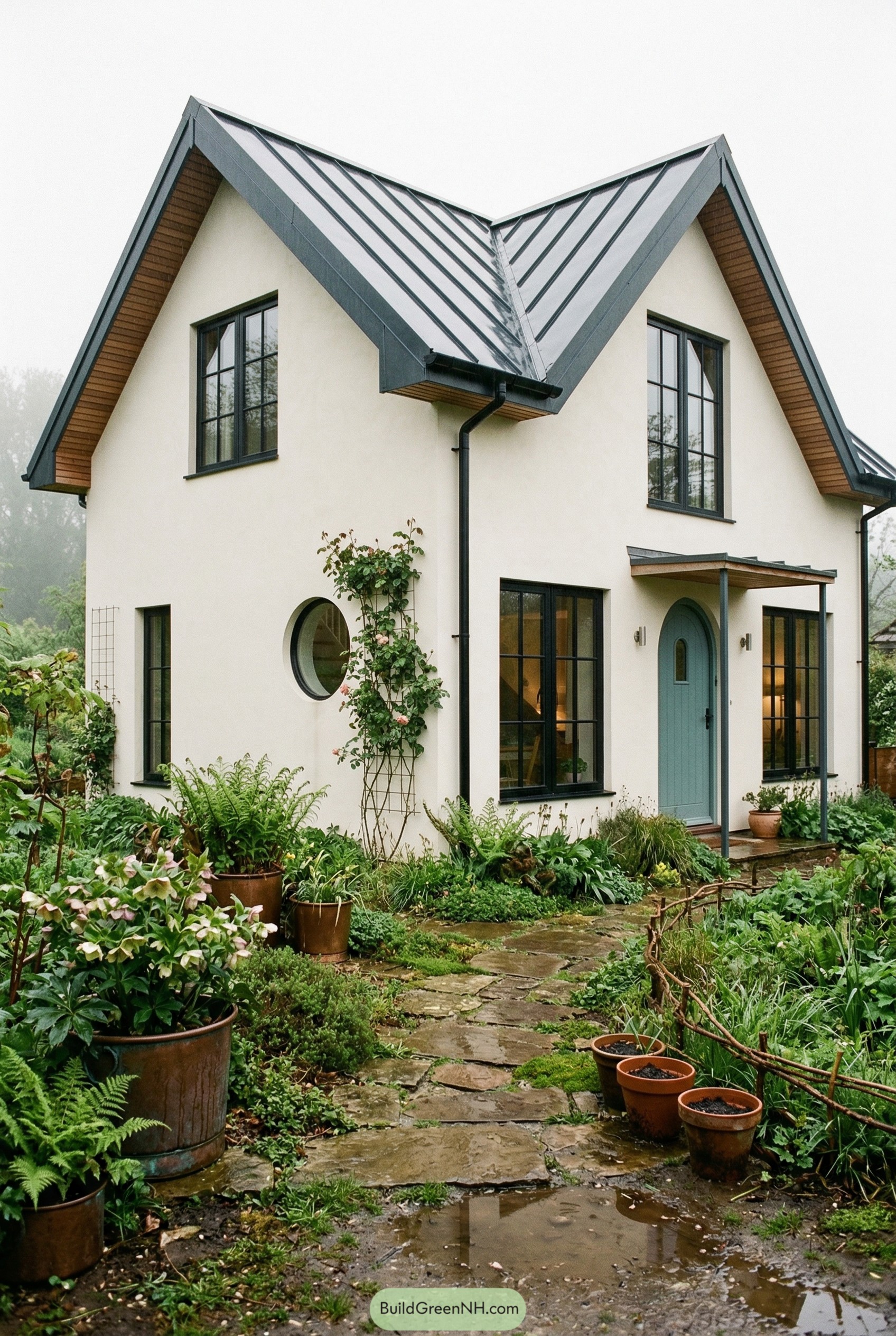 White modern cottage with steep gables and lush garden