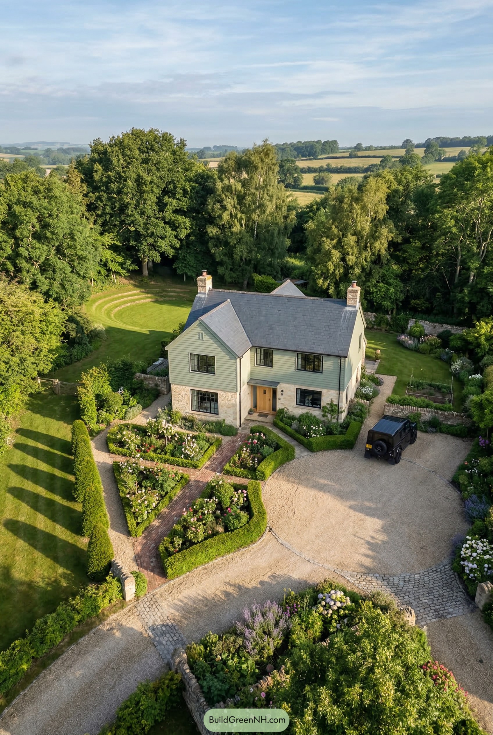 Modern cottage with parterre garden and gravel drive