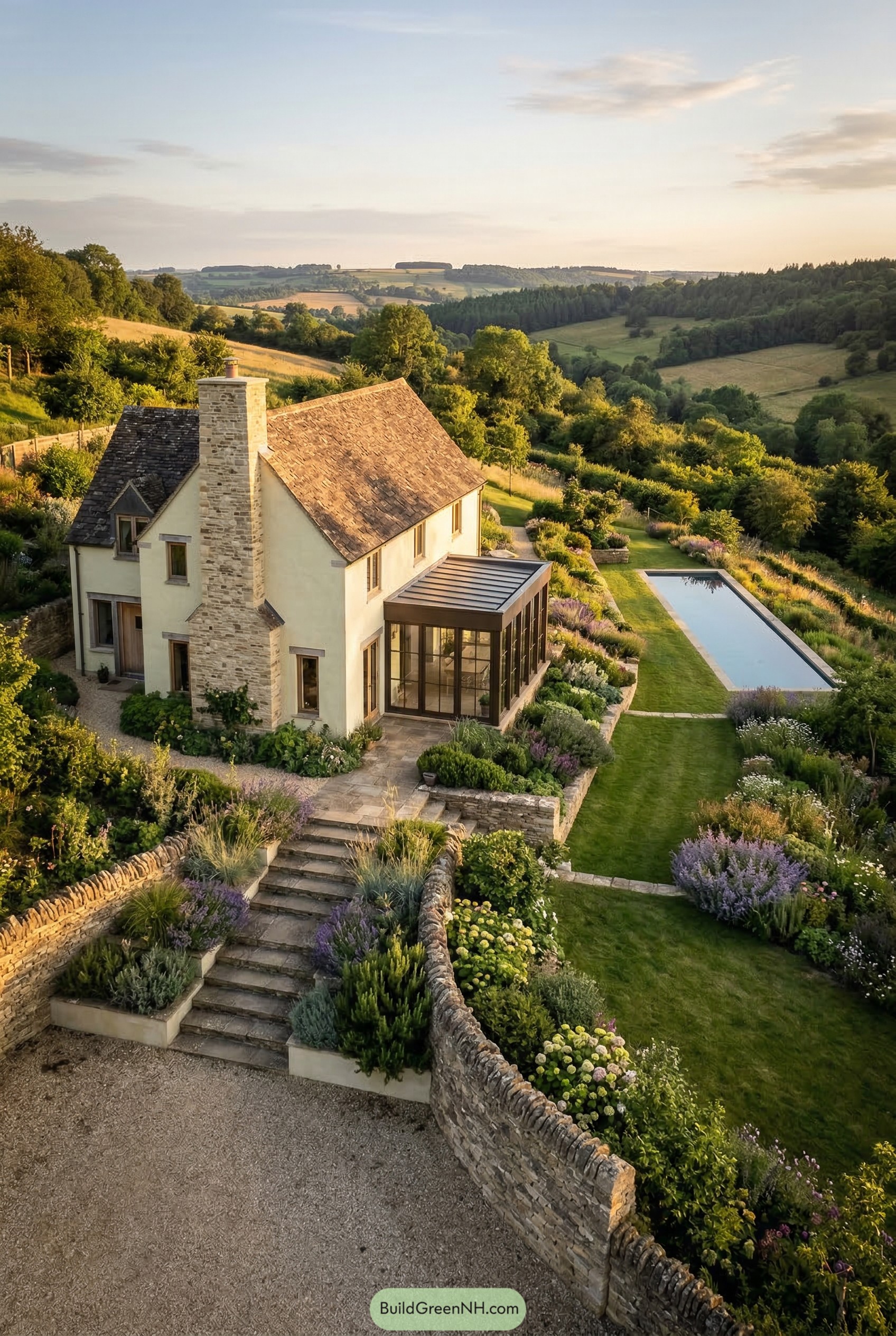 Cream rendered cottage with terraced garden and lap pool