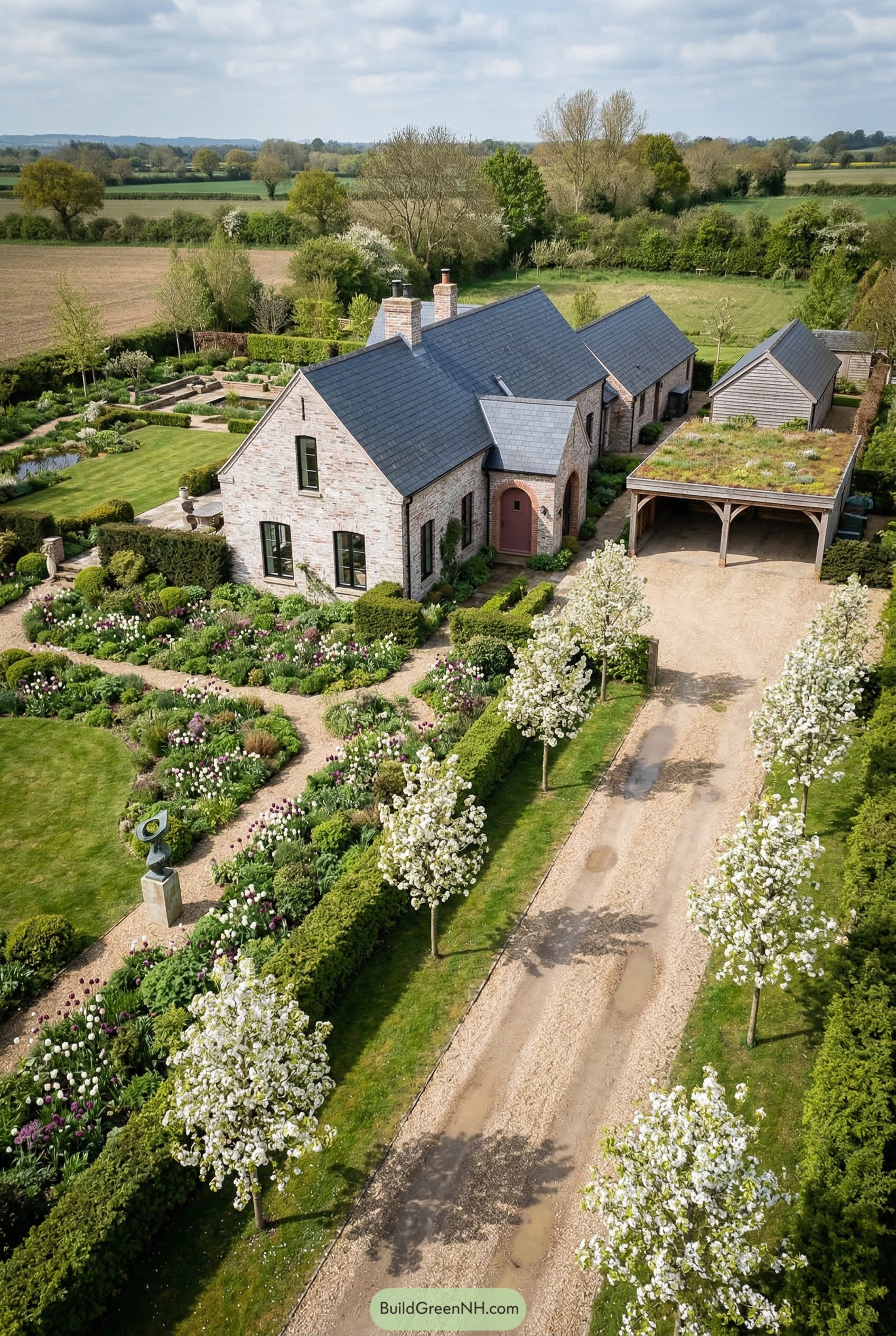 Pale brick cottage with slate roof and formal gardens