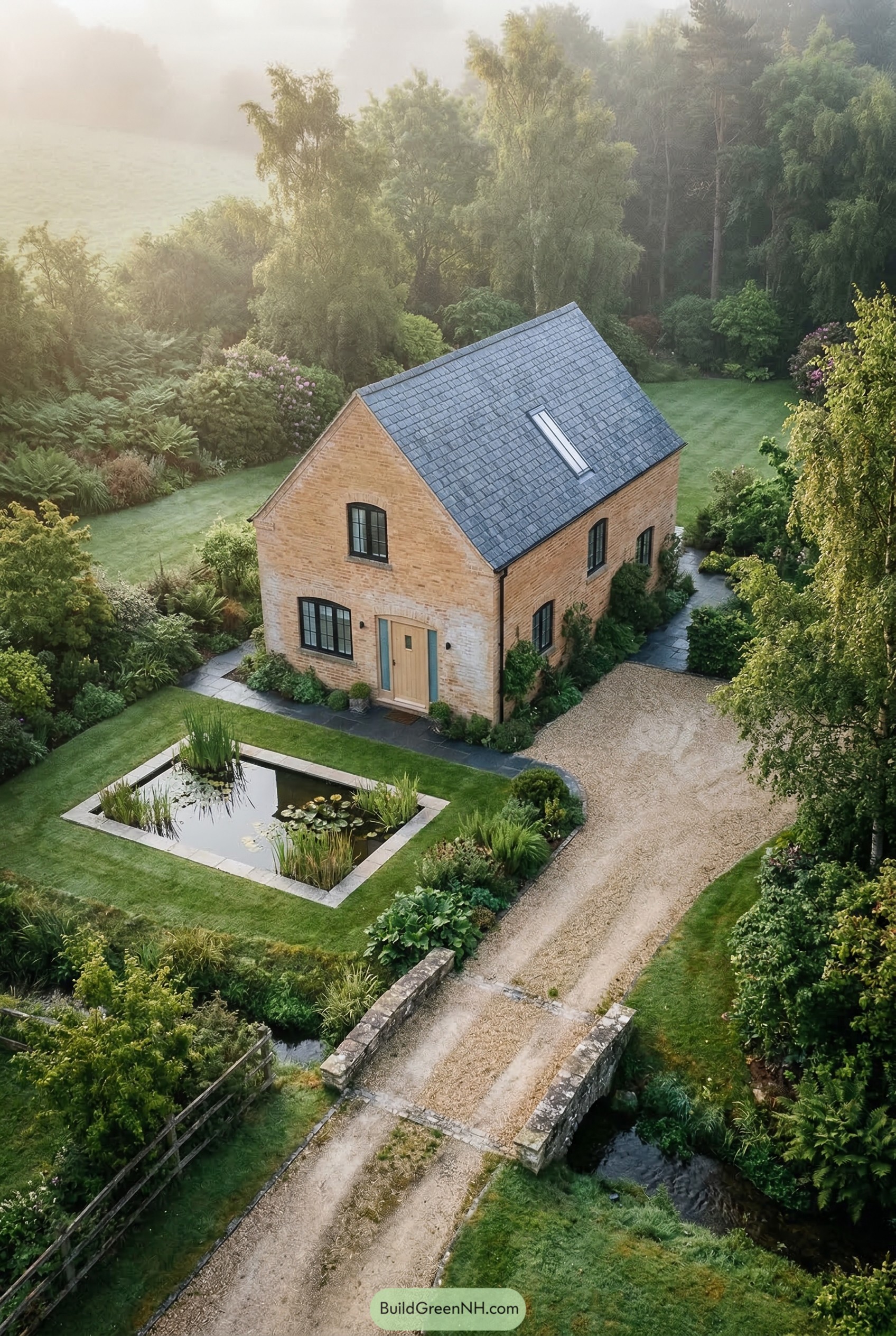 Brick cottage with slate roof by pond and stream