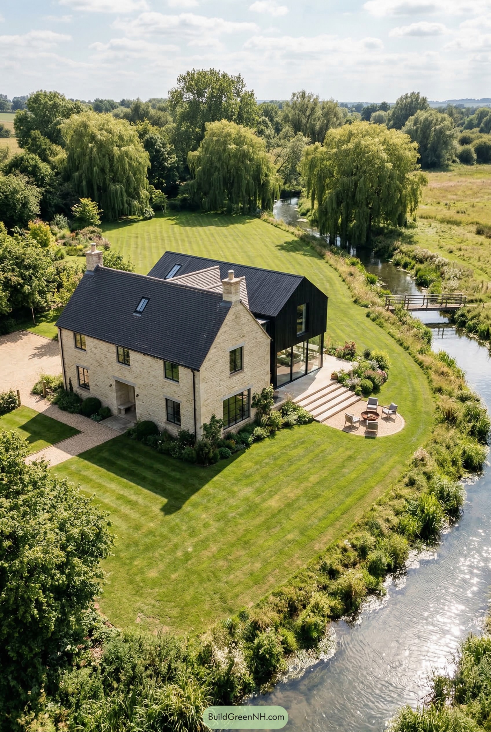 Stone cottage with black riverside extension
