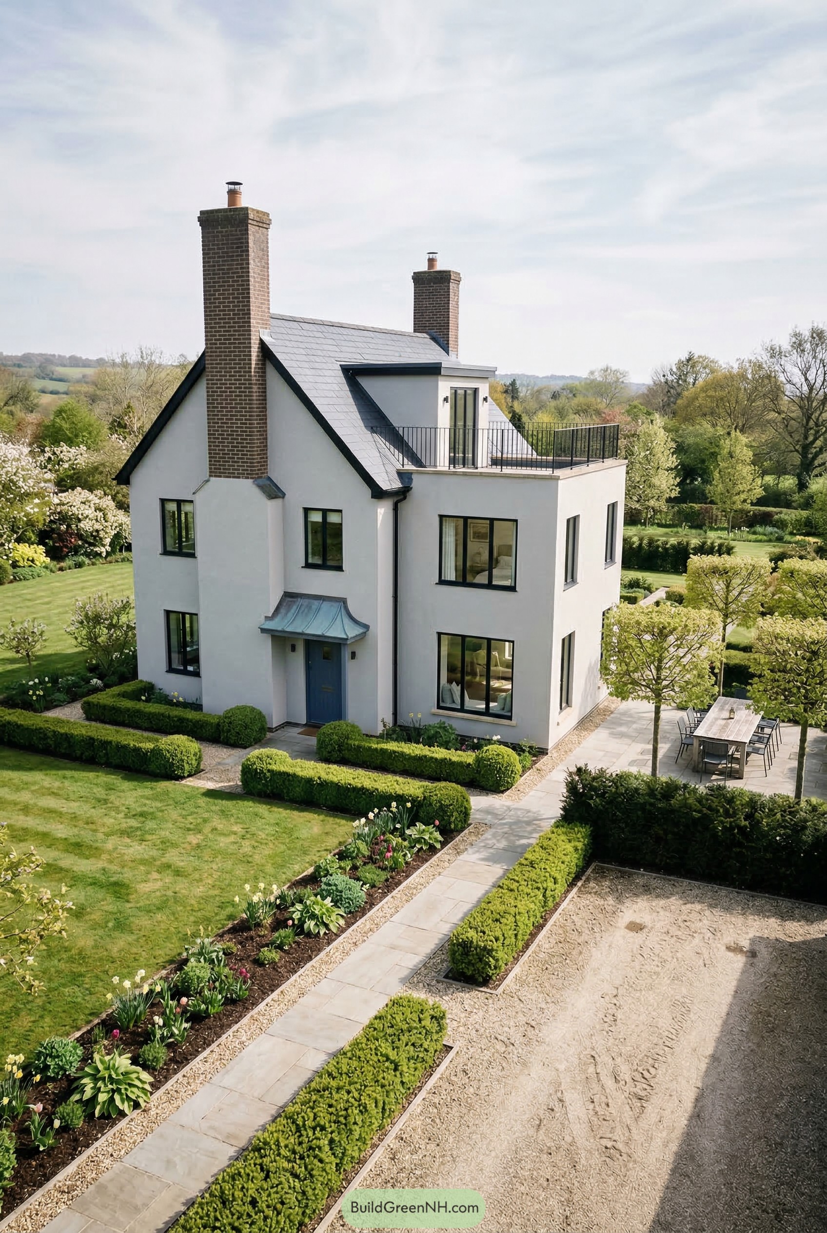 White cottage with roof terrace and box hedges