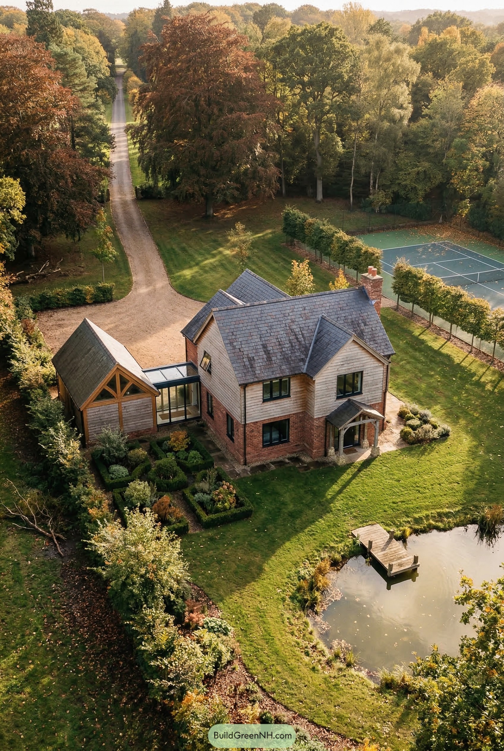 Modern brick and timber cottage by a pond