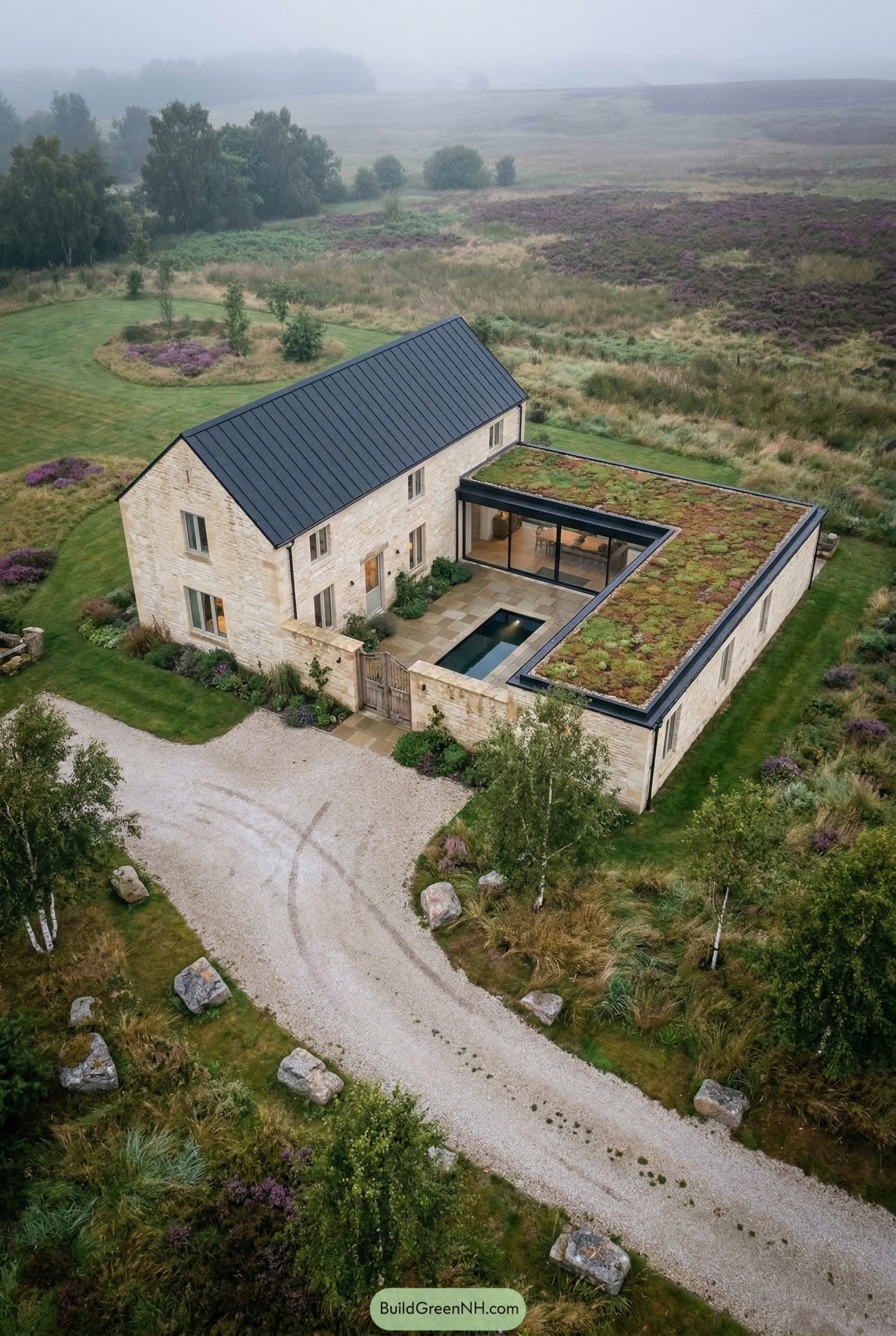Modern stone cottage with green roof courtyard