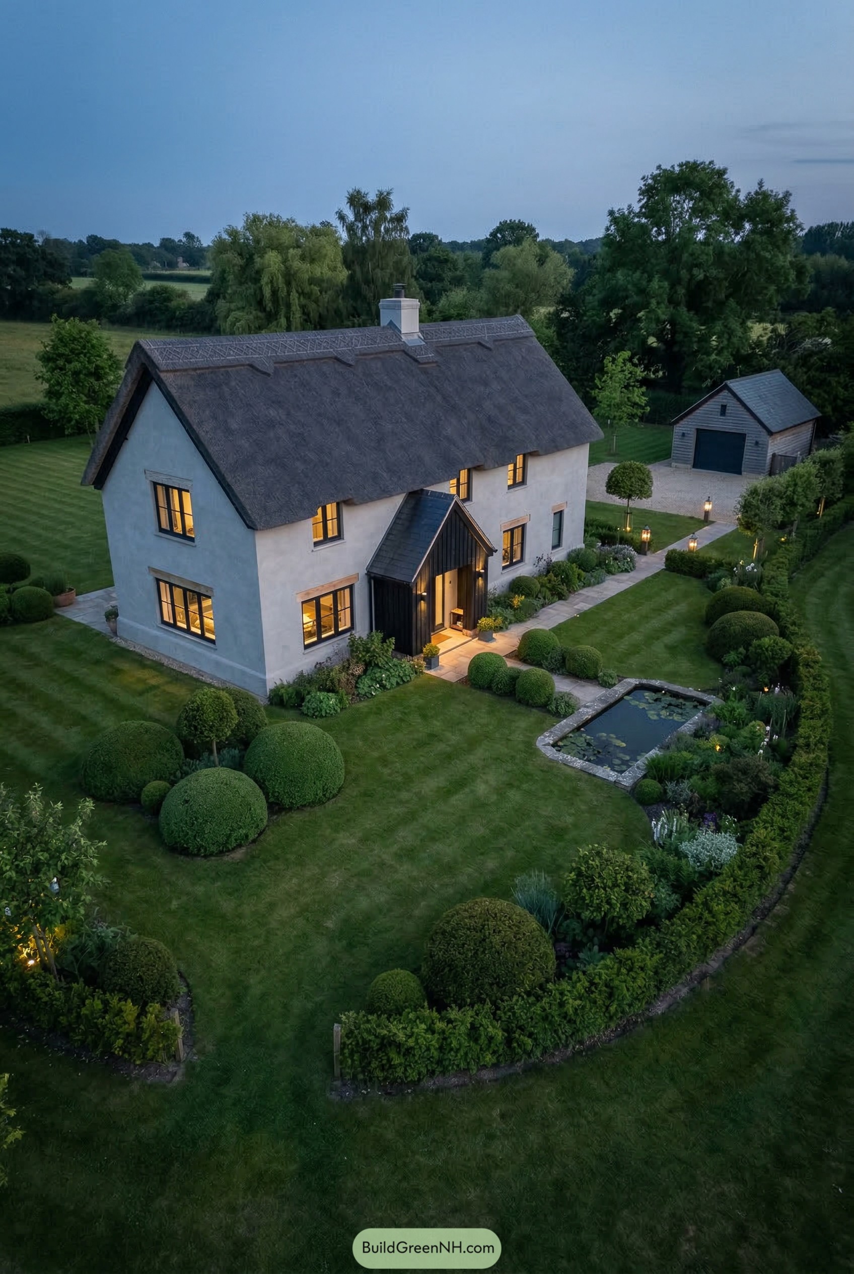 White thatched cottage with formal pond garden