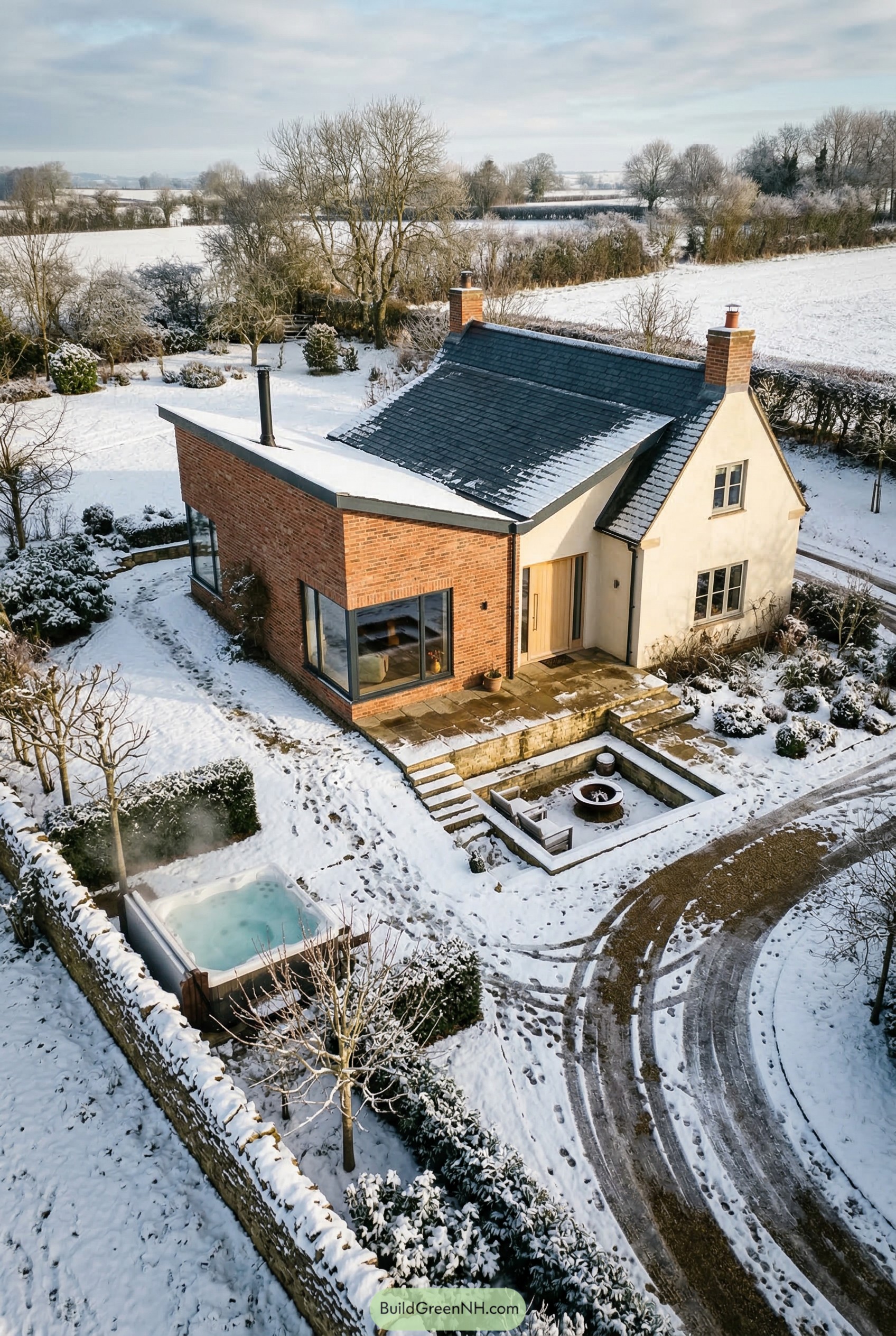 Traditional cottage with modern brick extension in snow