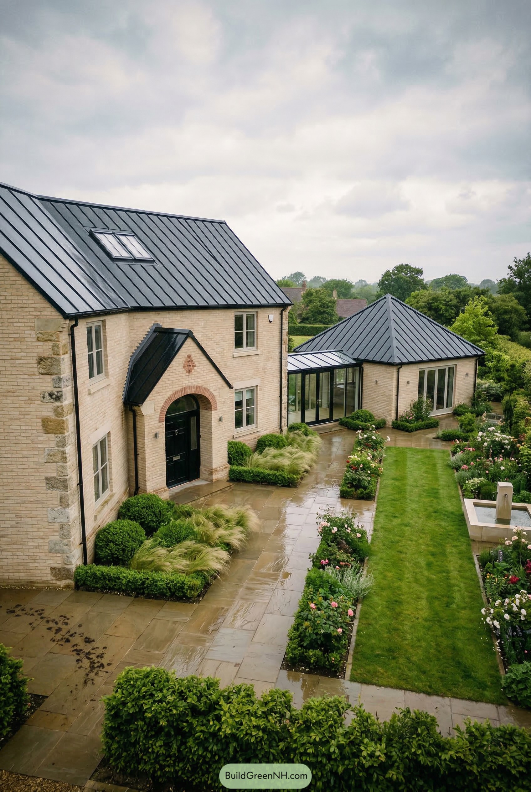 Cream brick cottage with black metal roofs and a formal garden