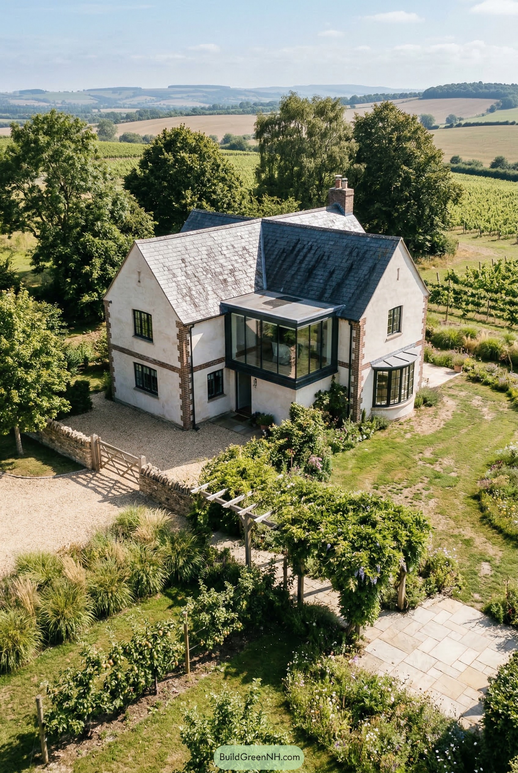 Modern white cottage with slate roof and glass corner room