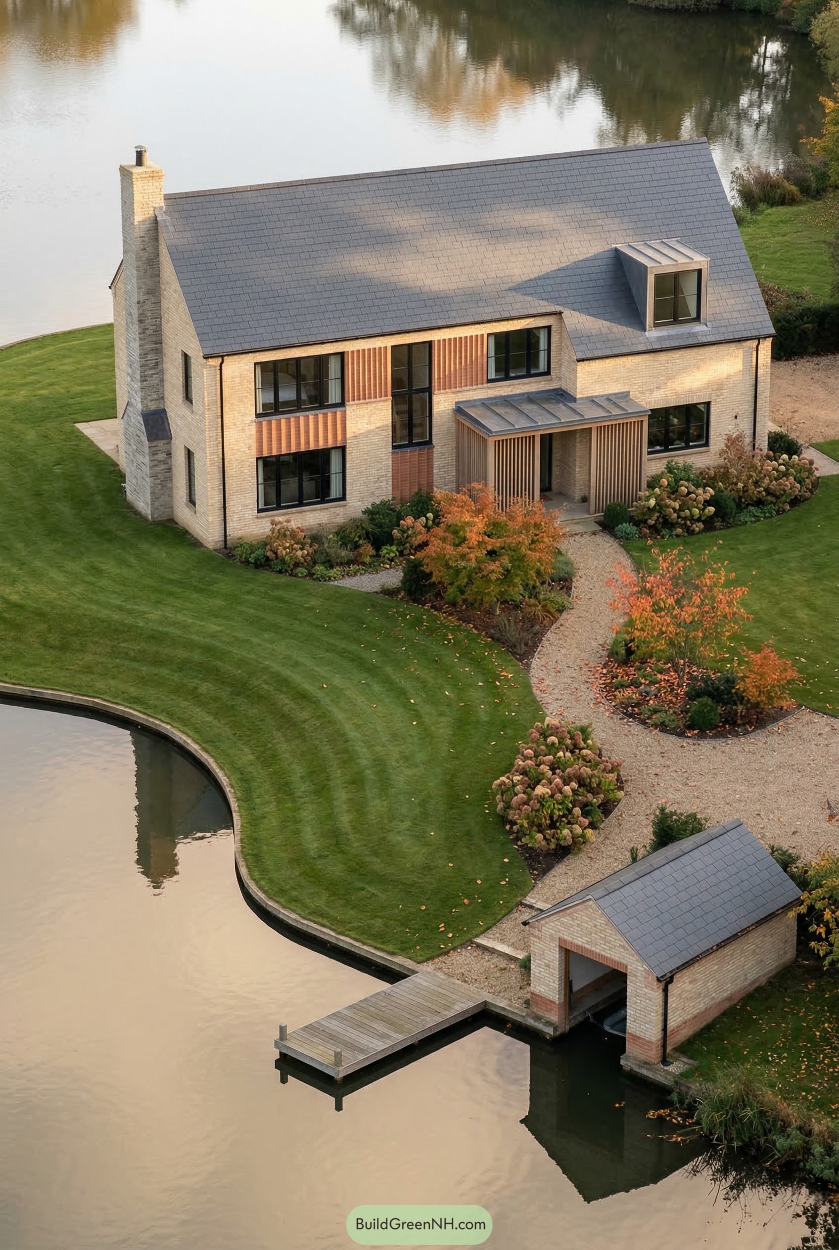 Modern brick cottage by water with dock