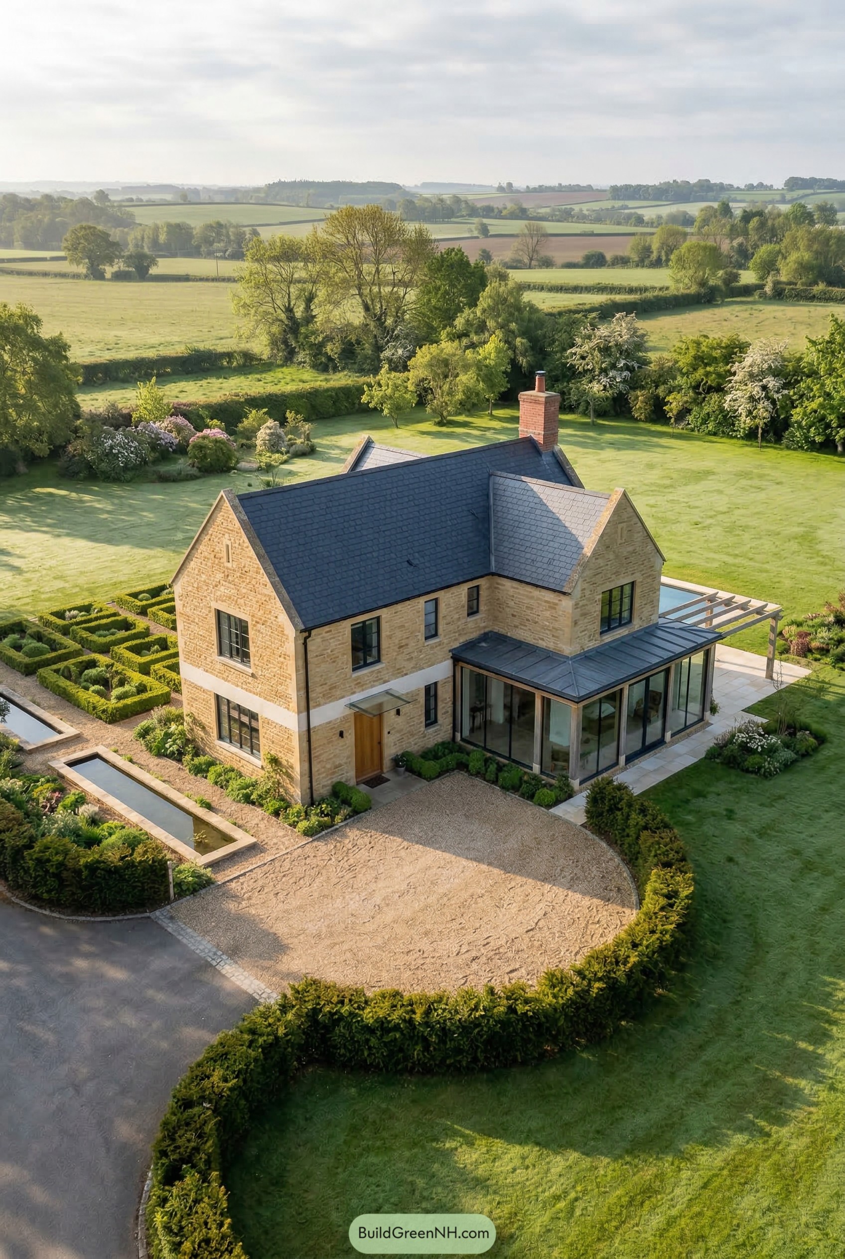 Stone cottage with glass extension and formal garden