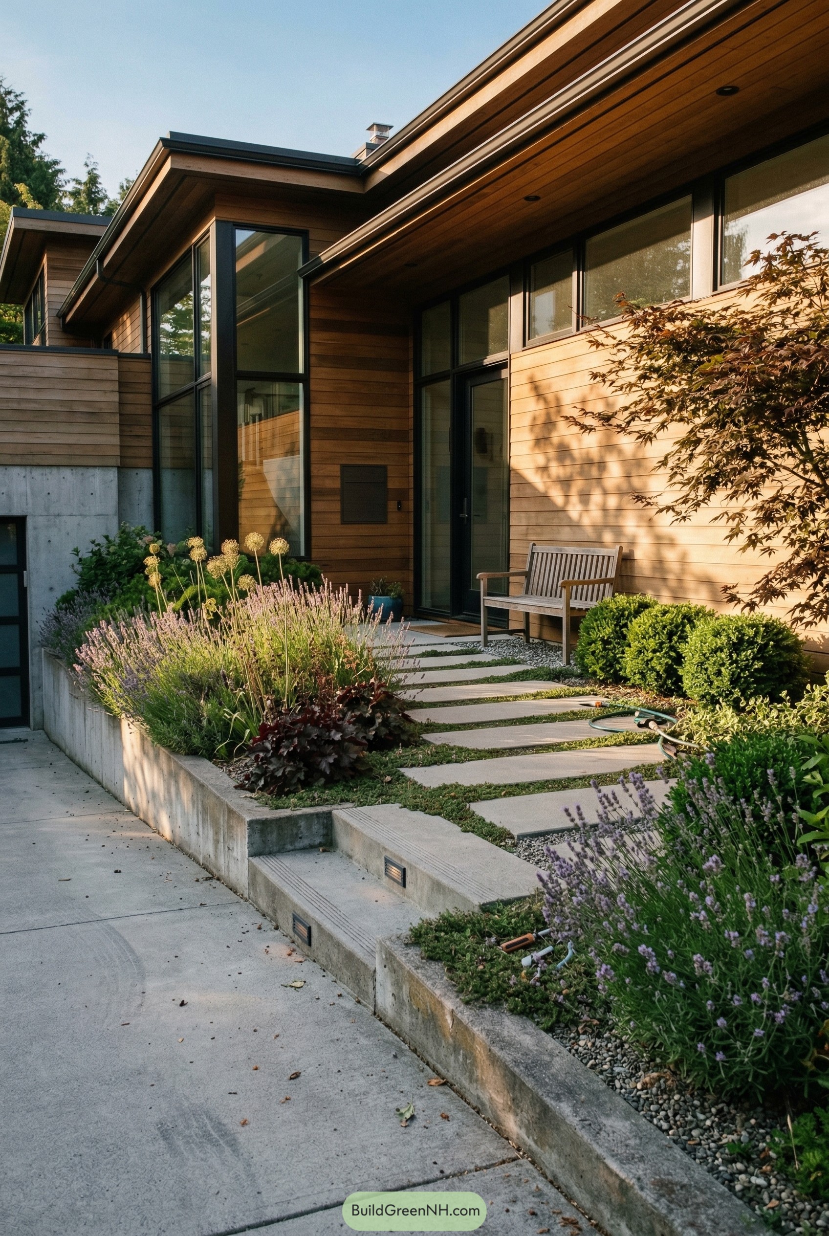 Modern front garden with concrete steps lavender and bench