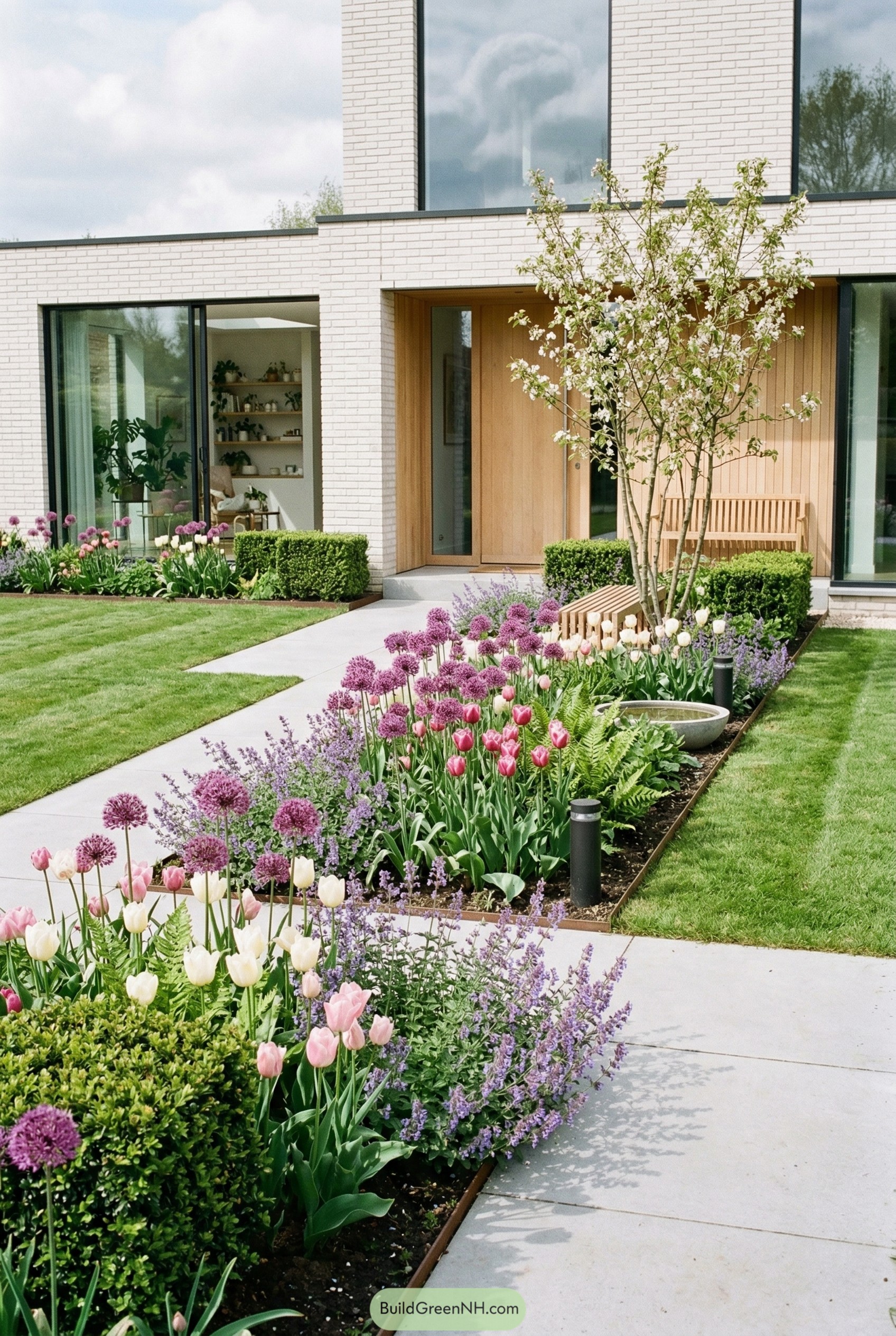 Modern front garden with tulips alliums and flowering tree