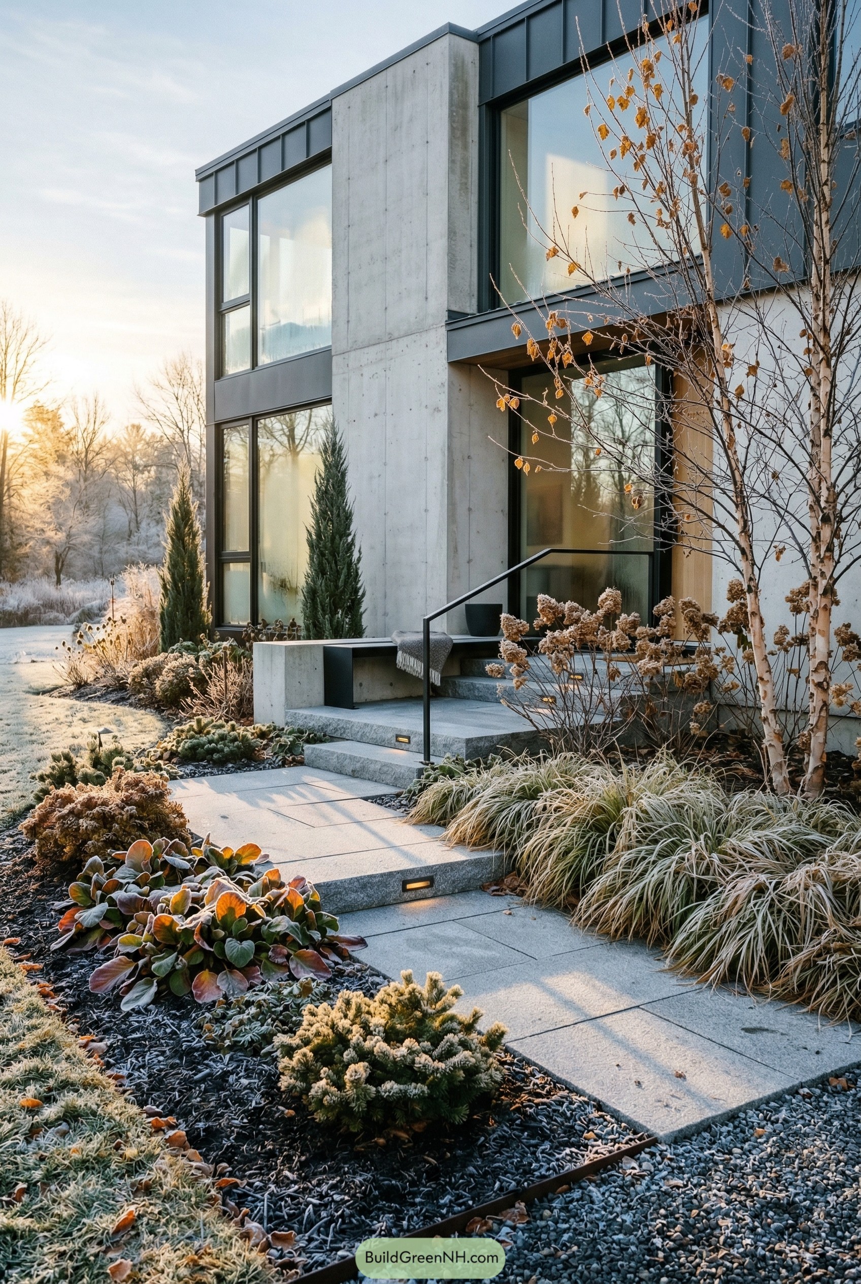 Modern concrete entry with frosted grasses and birches