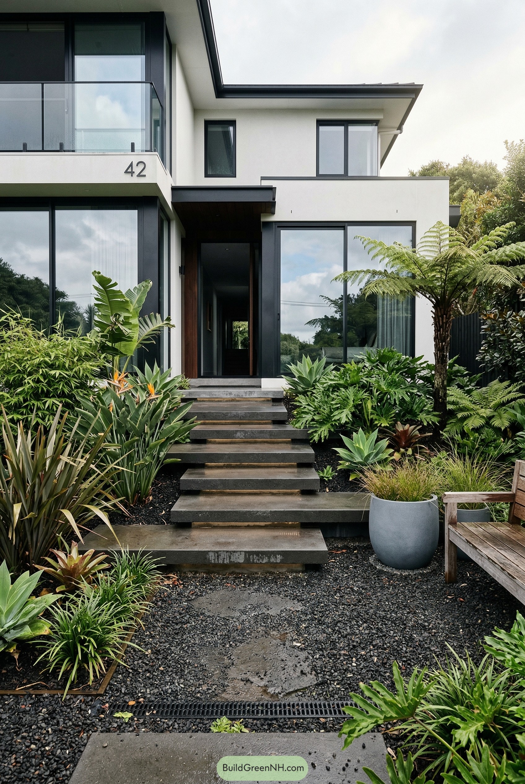 Modern front garden with floating steps and lush tropical plants