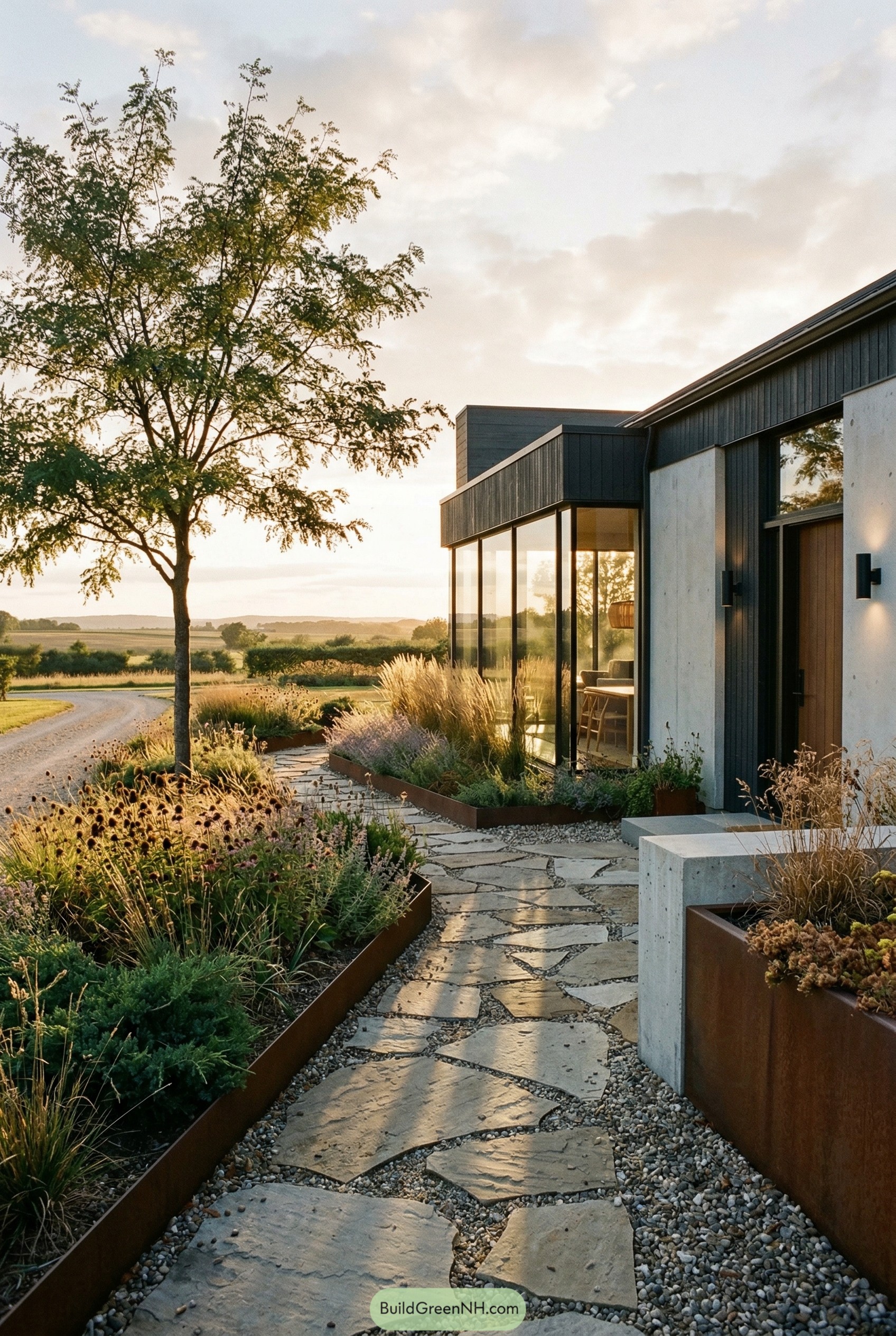 Modern front garden with flagstone path and meadow planting
