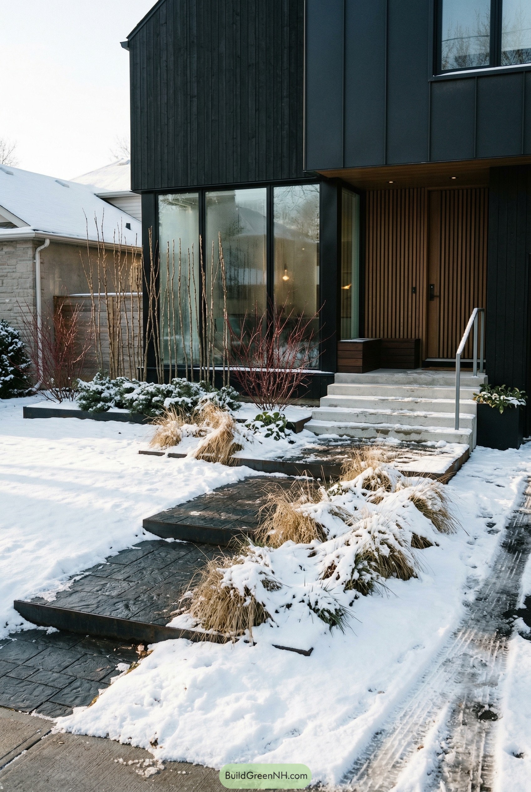 Snowy modern entry garden with dark pavers