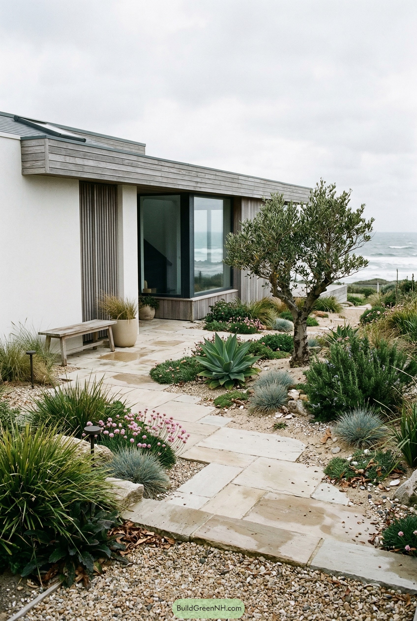 Coastal front garden with stone path succulents and olive tree