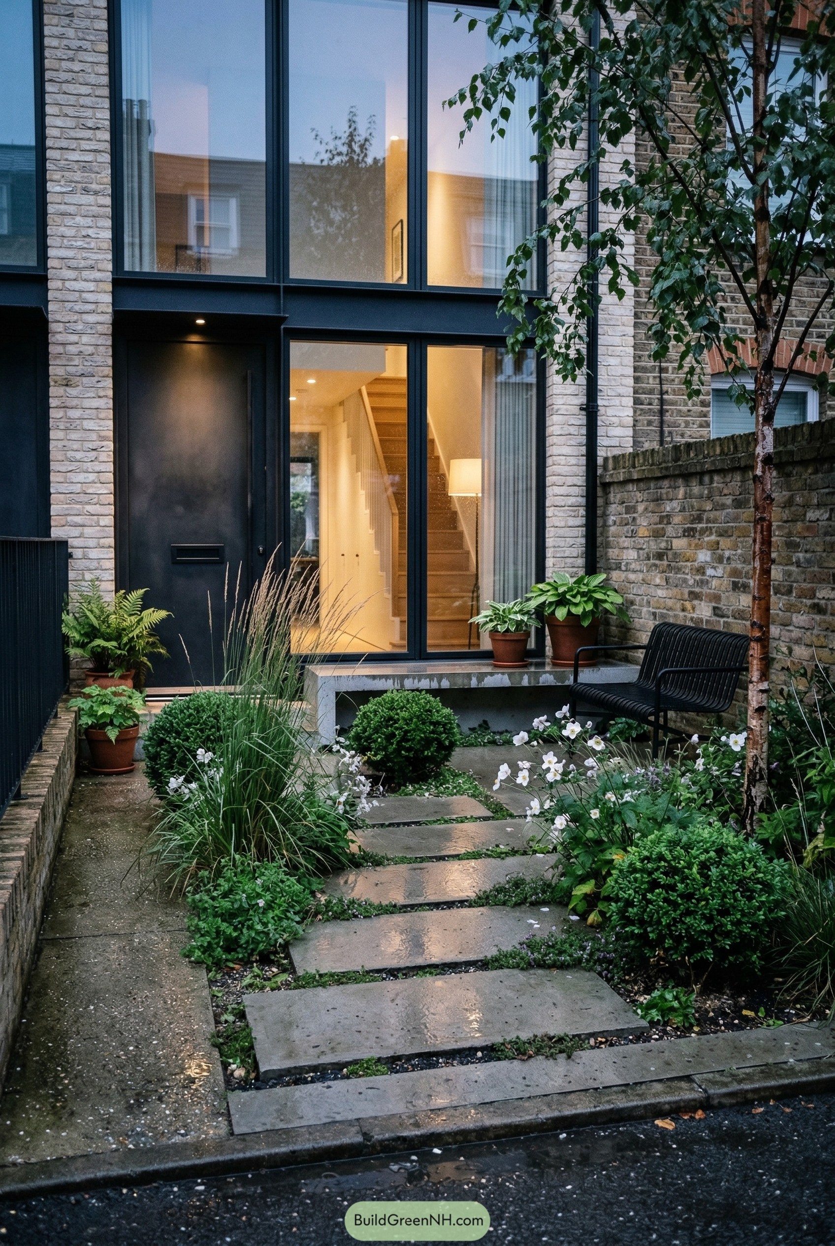 Modern front garden with stone pavers and bench