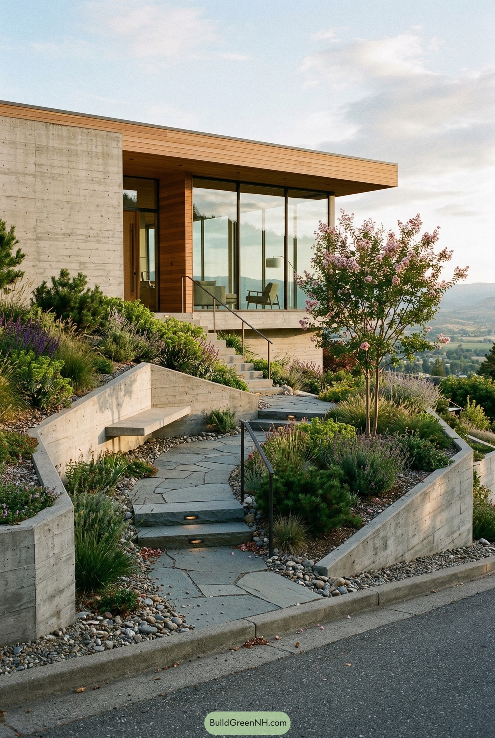 Terraced entry garden with concrete walls stone path and flowering shrubs
