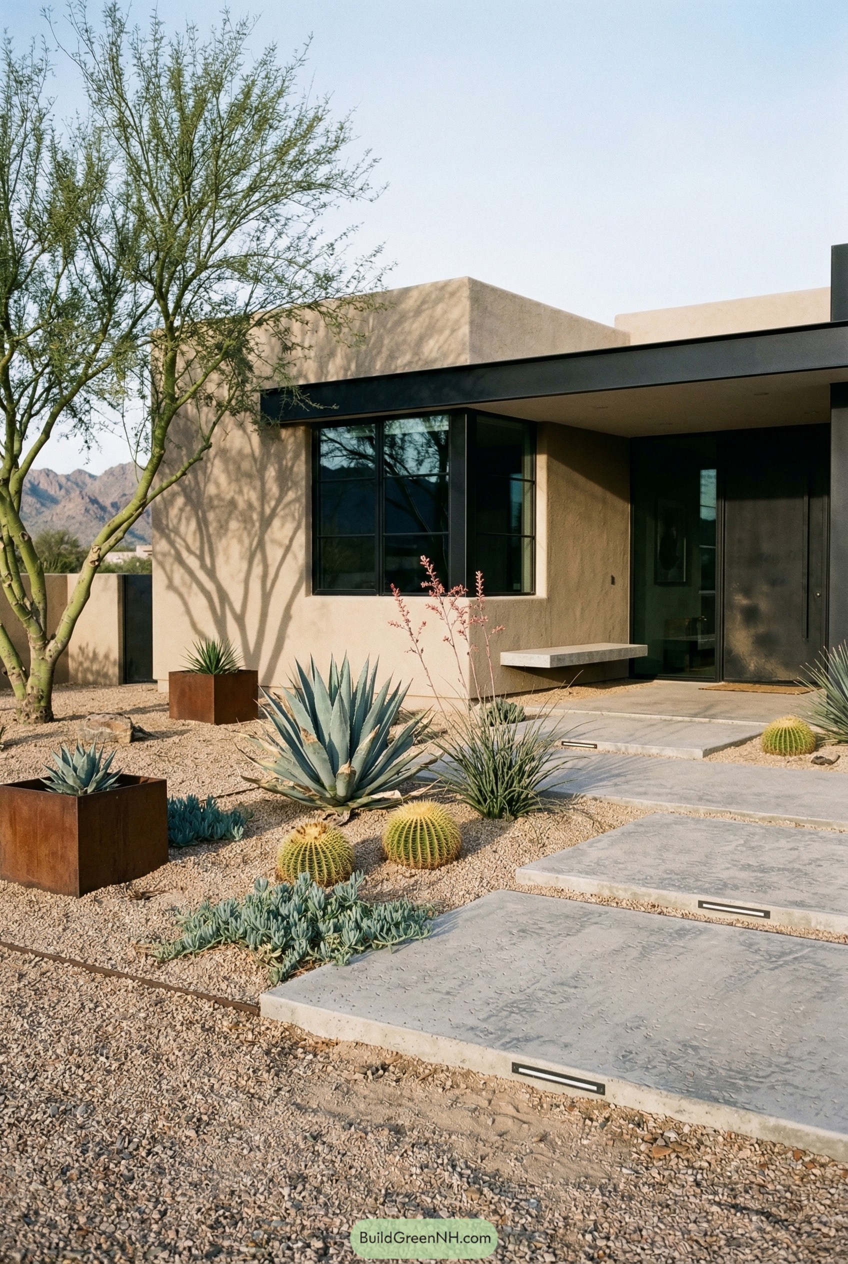 Modern desert entry with concrete pavers and agaves