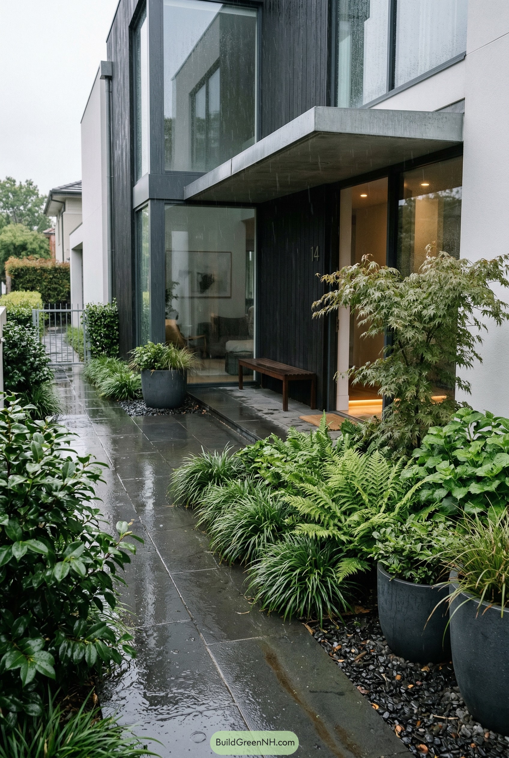Modern front walk with ferns and dark facade