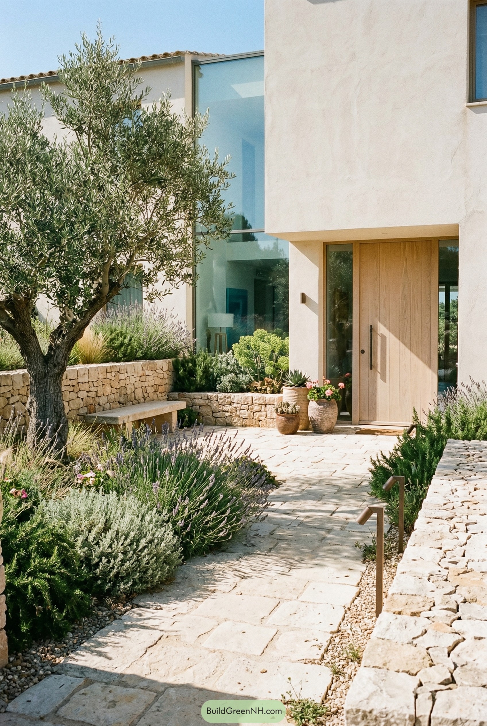 Stone path and olive tree at stucco entrance