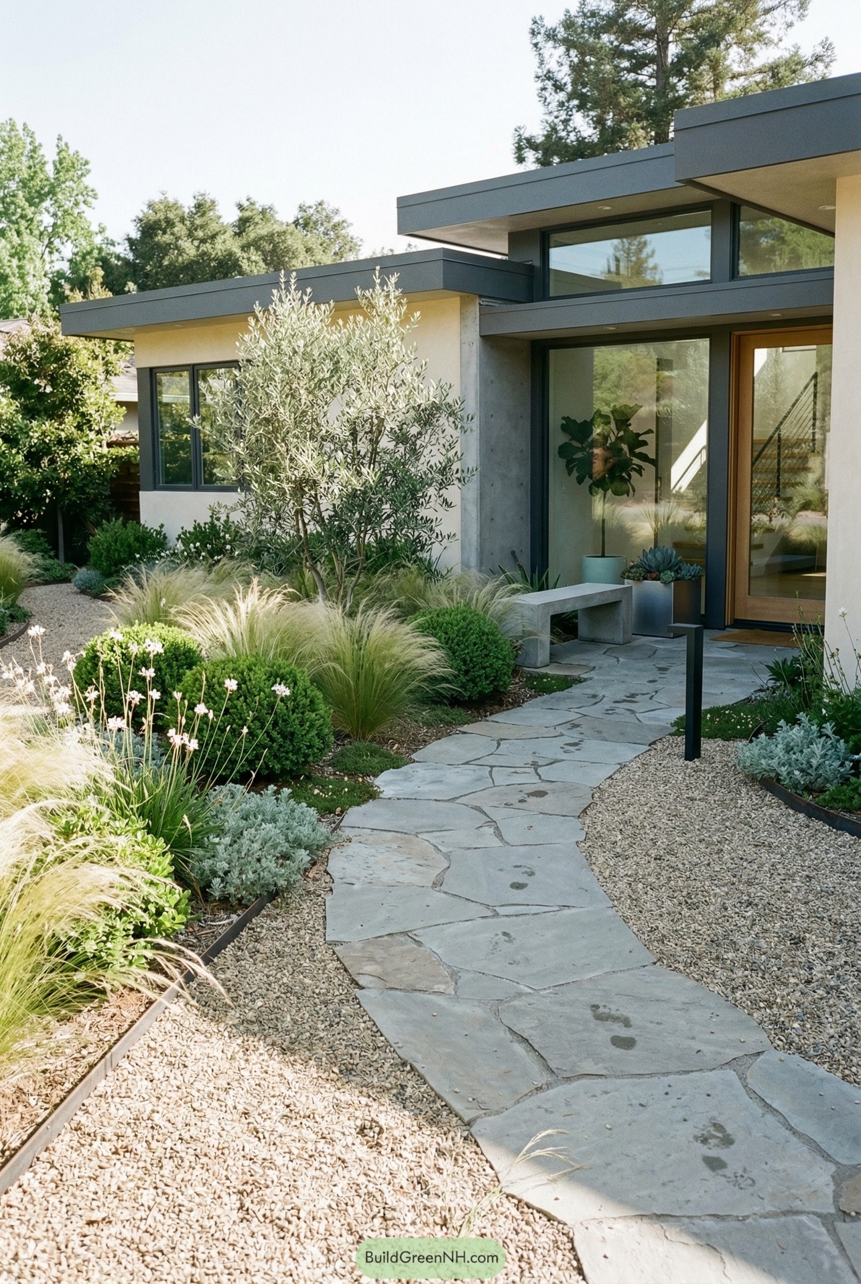 Curved stone path through gravel garden