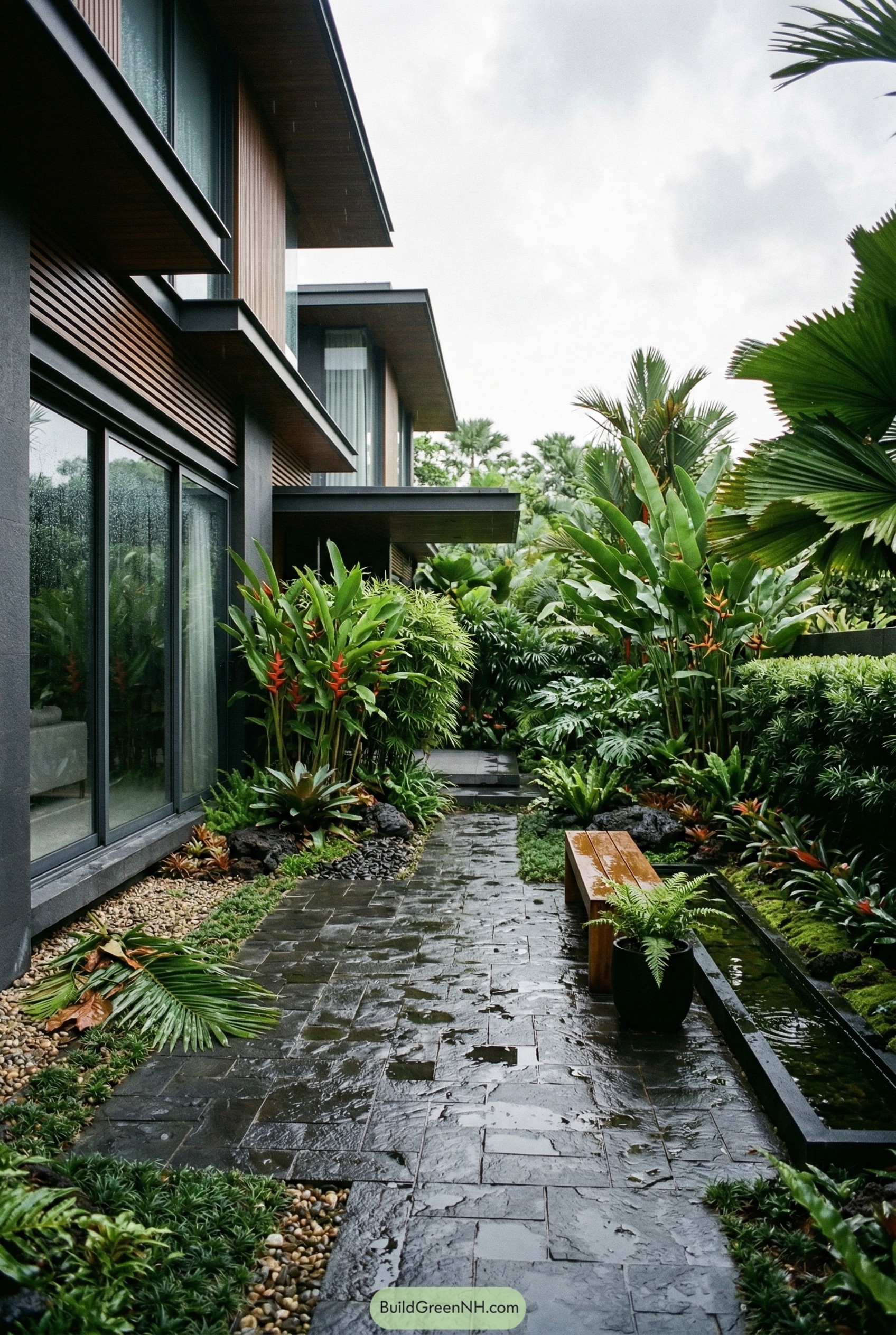 Wet slate walkway with tropical courtyard planting