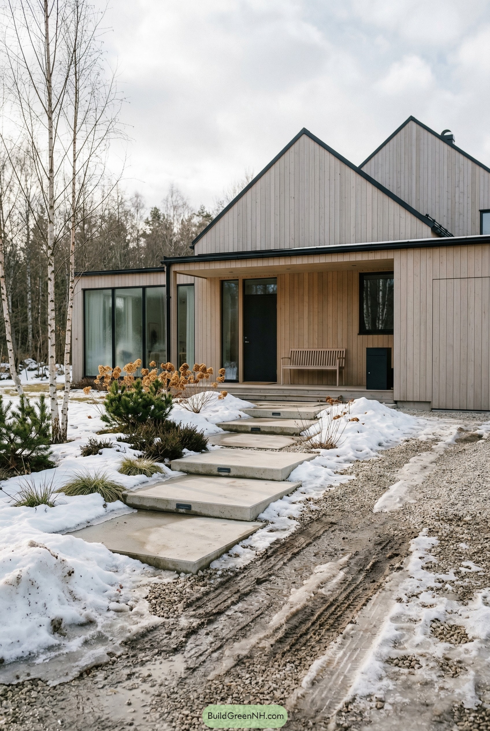 Snowy gravel drive with concrete entry pads