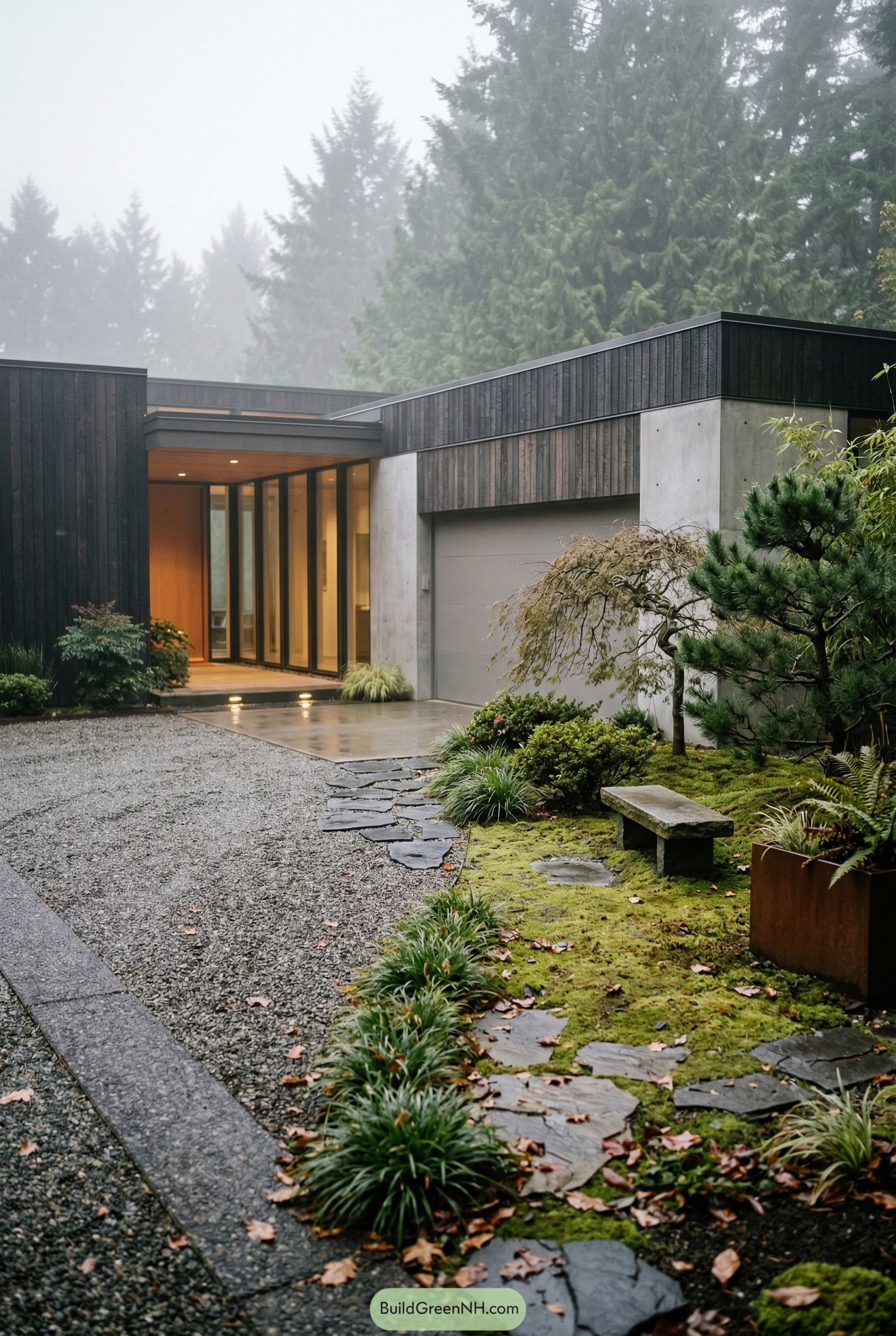 Modern gravel drive with moss garden
