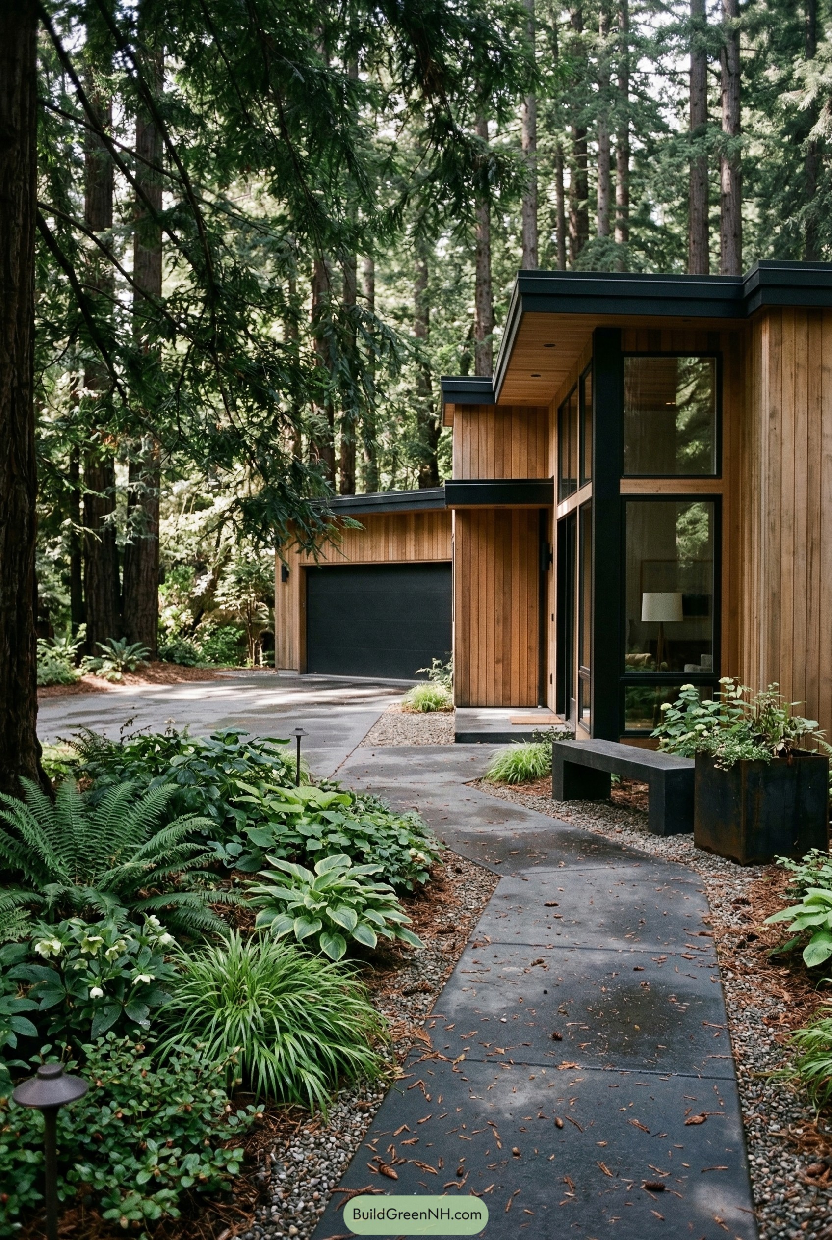 Modern woodland home with dark driveway and lush planting