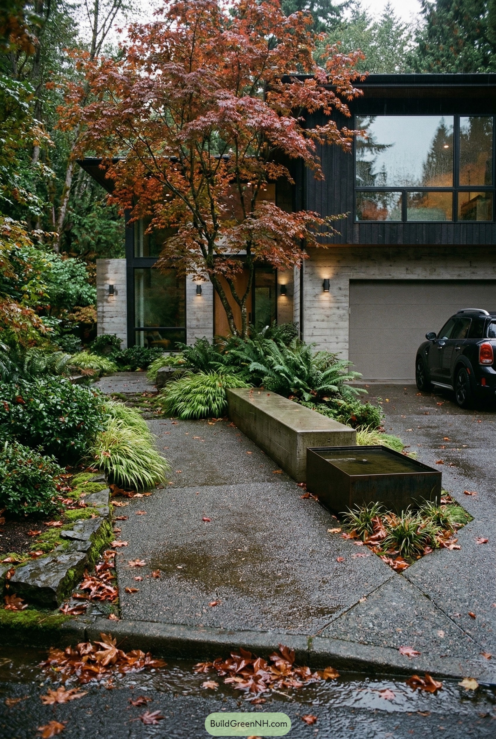 Modern driveway with maple tree and lush planting