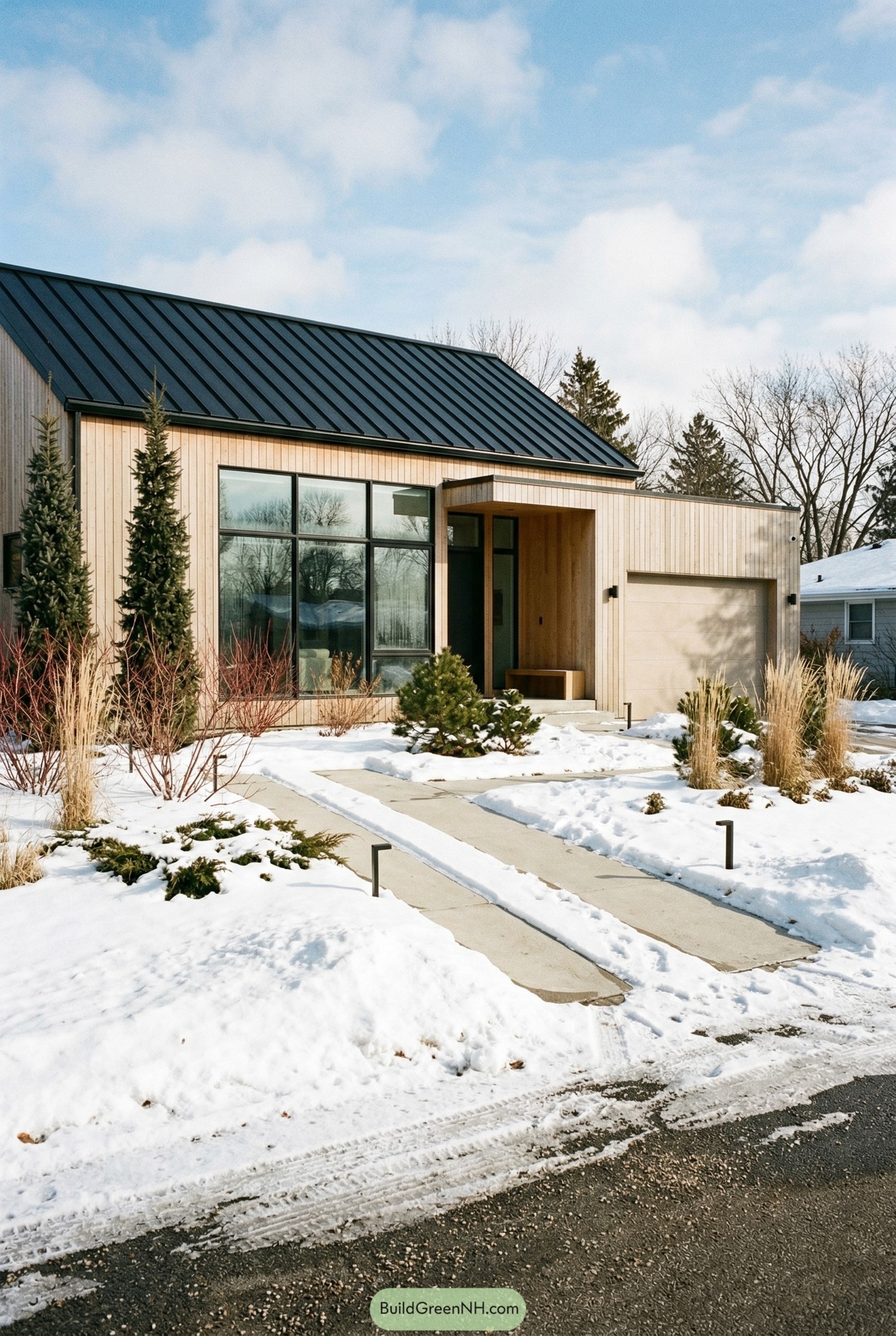 Modern cedar home with split concrete driveway in snow